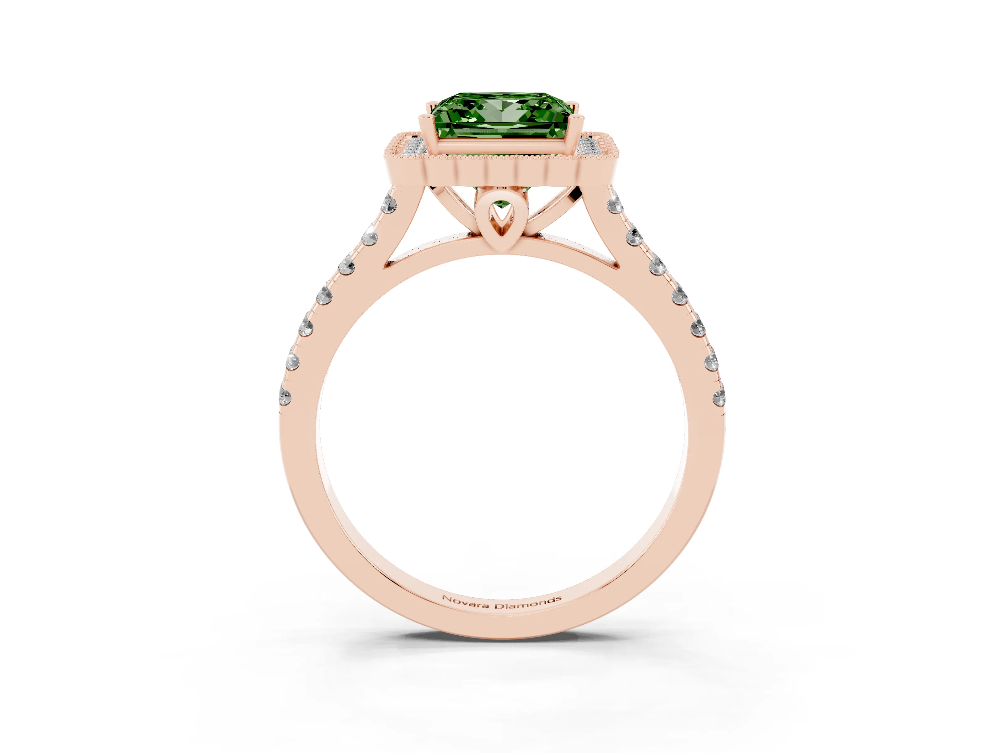 Fancy Green Princess Cut Diamond Milgrain Floral Halo Engagement Ring Set in Rose gold with Pavé Band