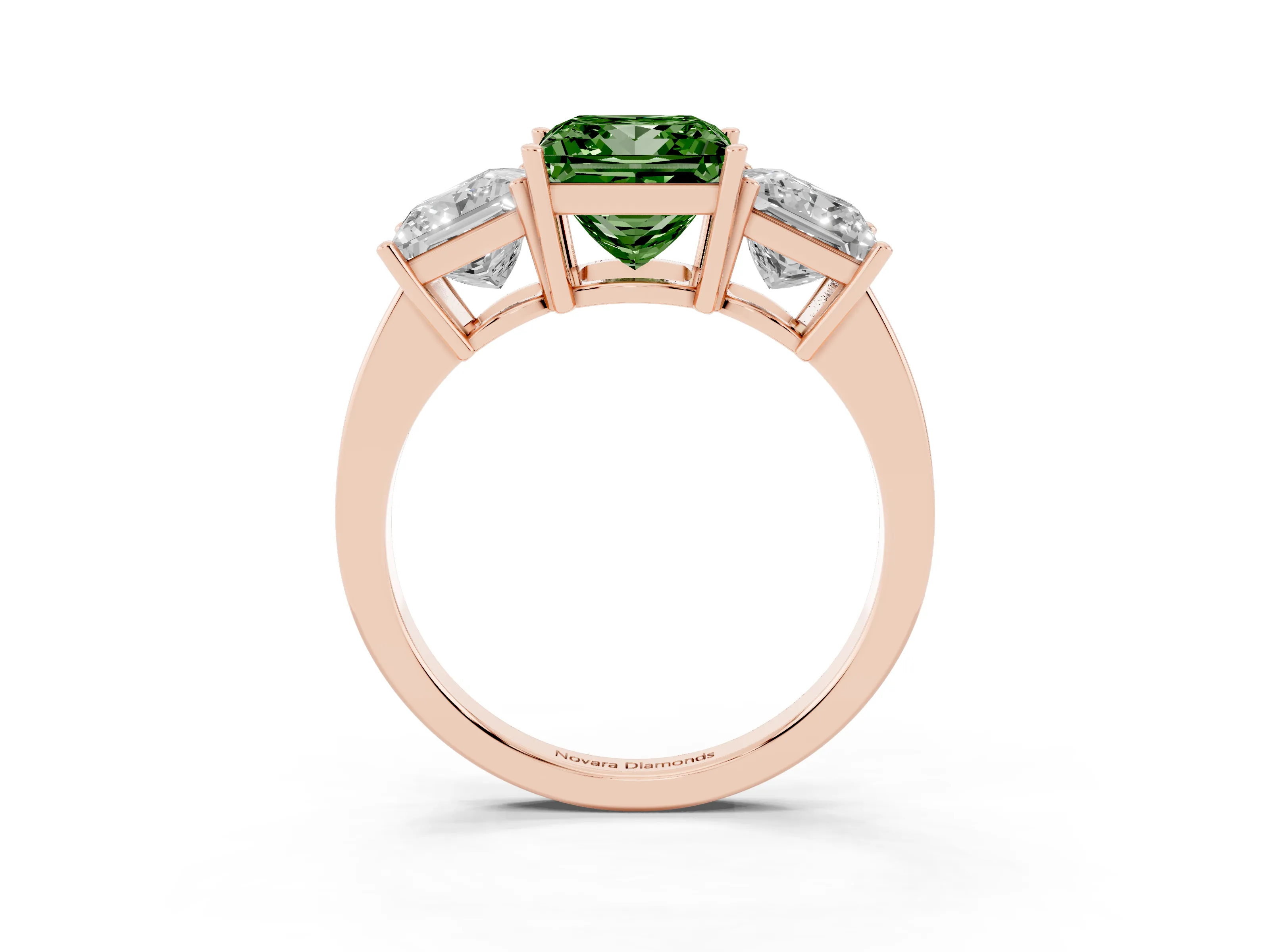 Fancy Green Princess Cut Diamond Three-Stone Engagement Ring Set in Rose gold with Flat Band