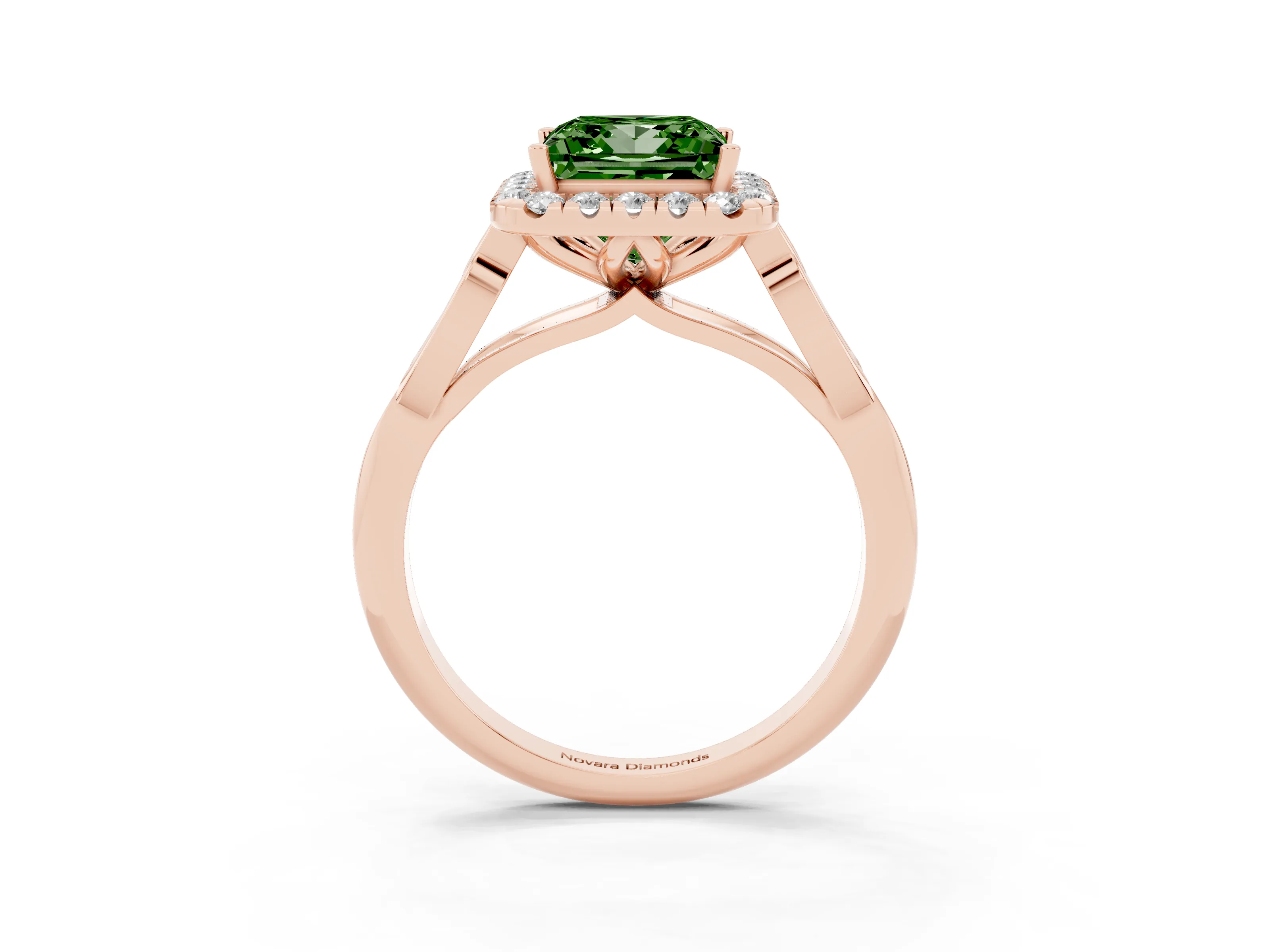 Fancy Green Princess Cut Diamond Halo Engagement Ring Set in Rose gold with Filigree Band and Prong-Set Center