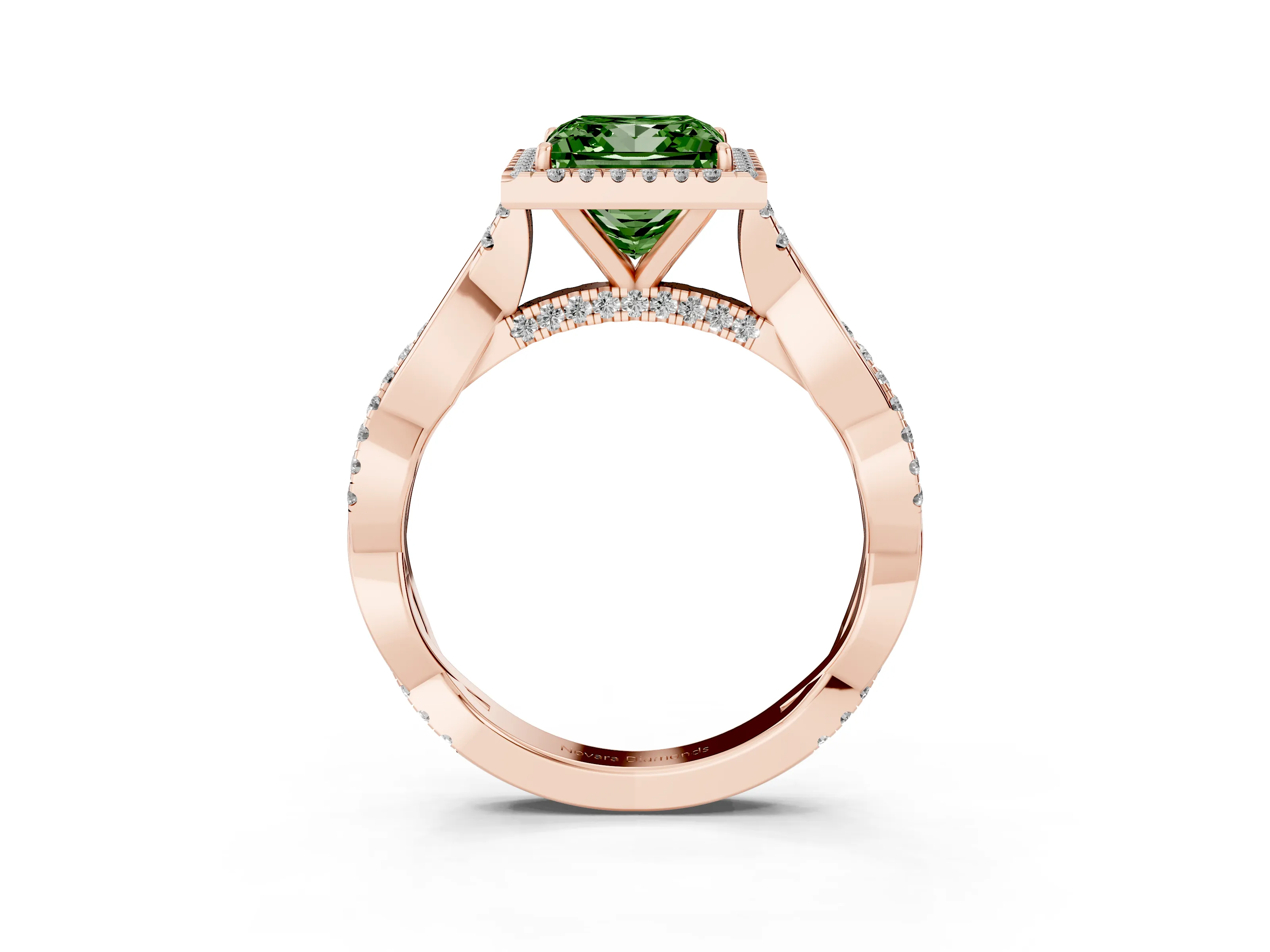 Fancy Green Princess Cut Diamond Halo Twist Band Solitaire Ring Set in Rose gold with Prong Setting