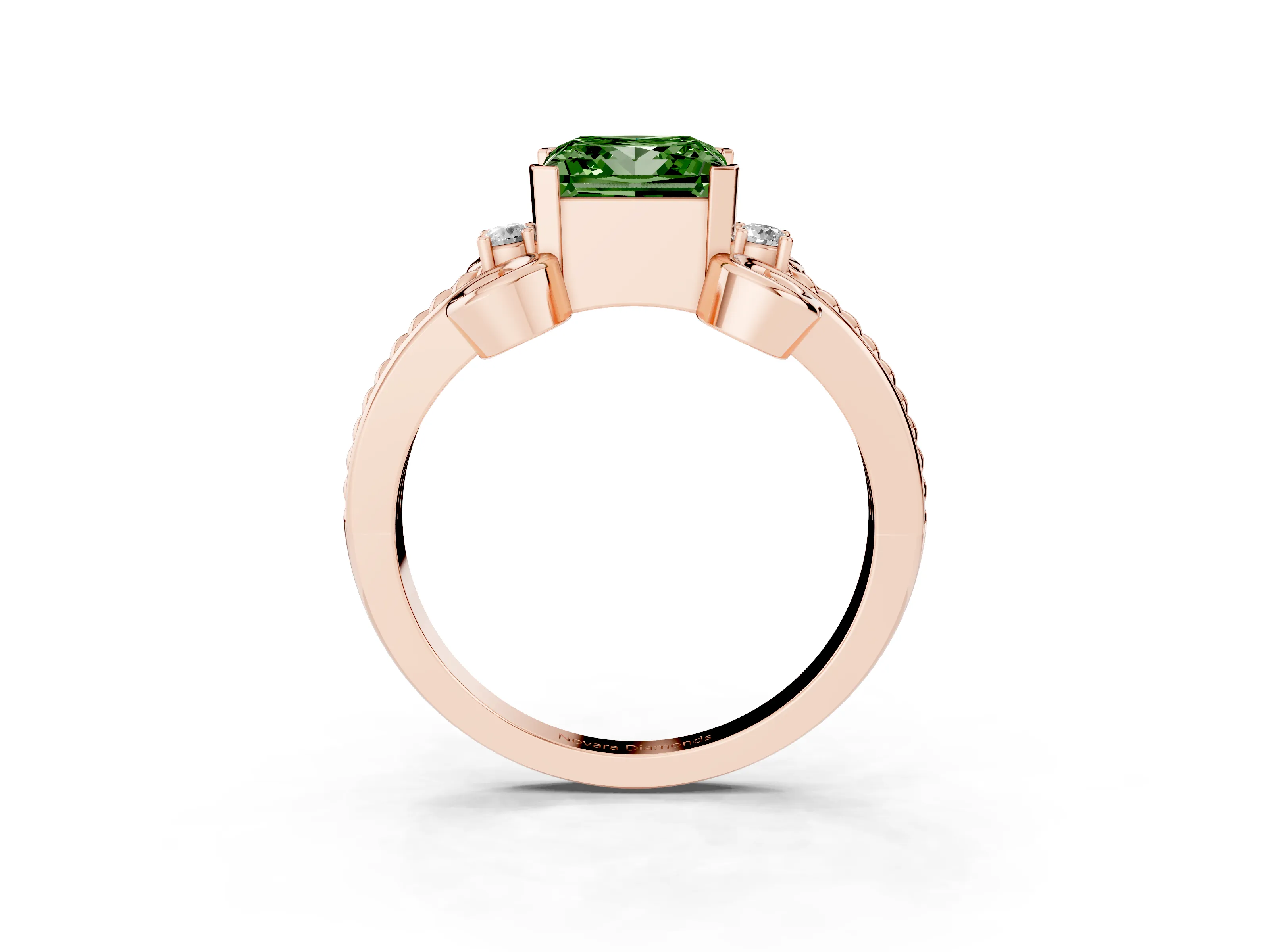 Fancy Green Princess Cut Diamond Twisted Band Solitaire Ring Set in Rose gold with Scroll Prongs