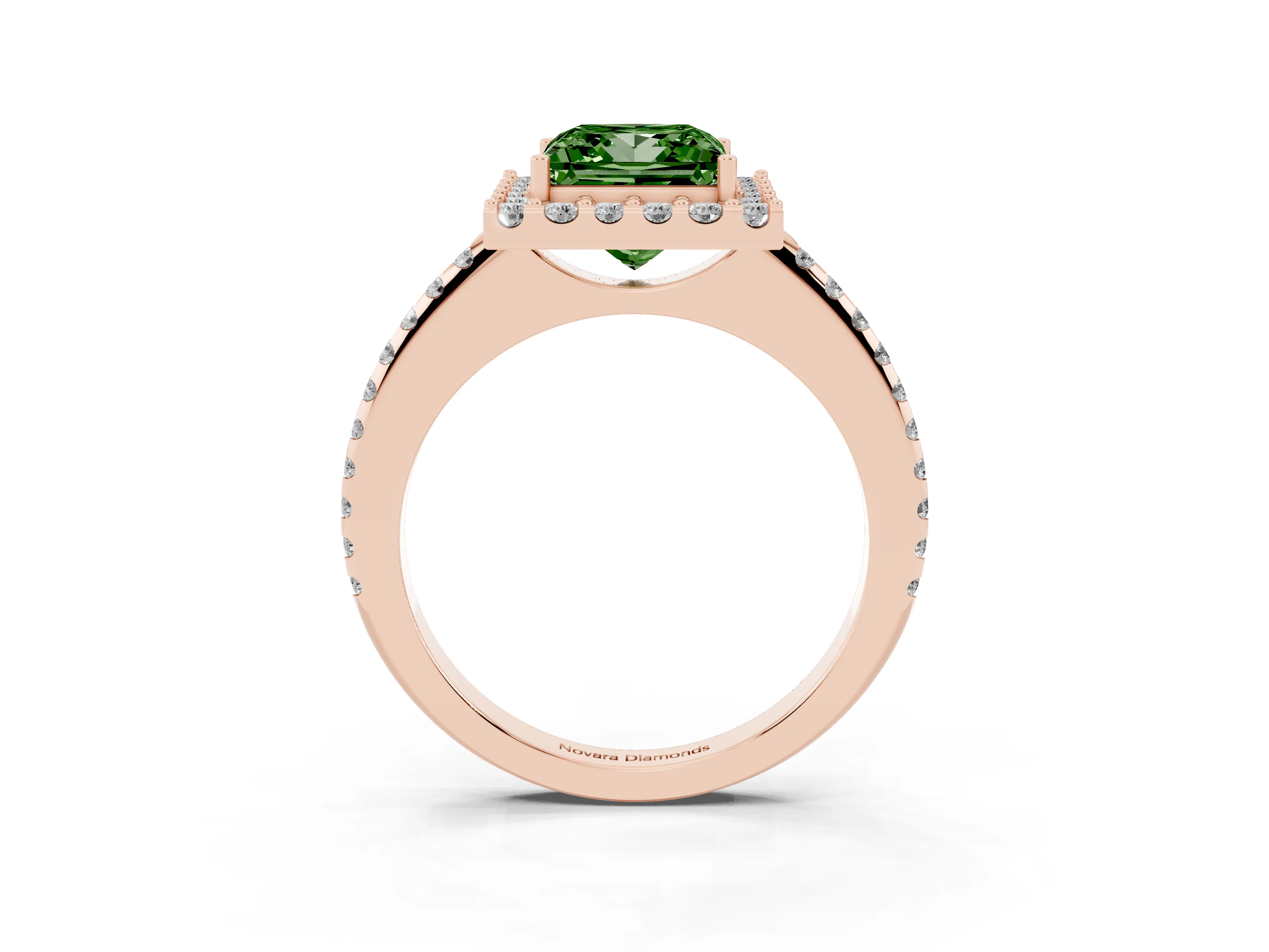 Fancy Green Princess Cut Diamond Pavé Halo Ring Set in Rose gold with Prong Setting