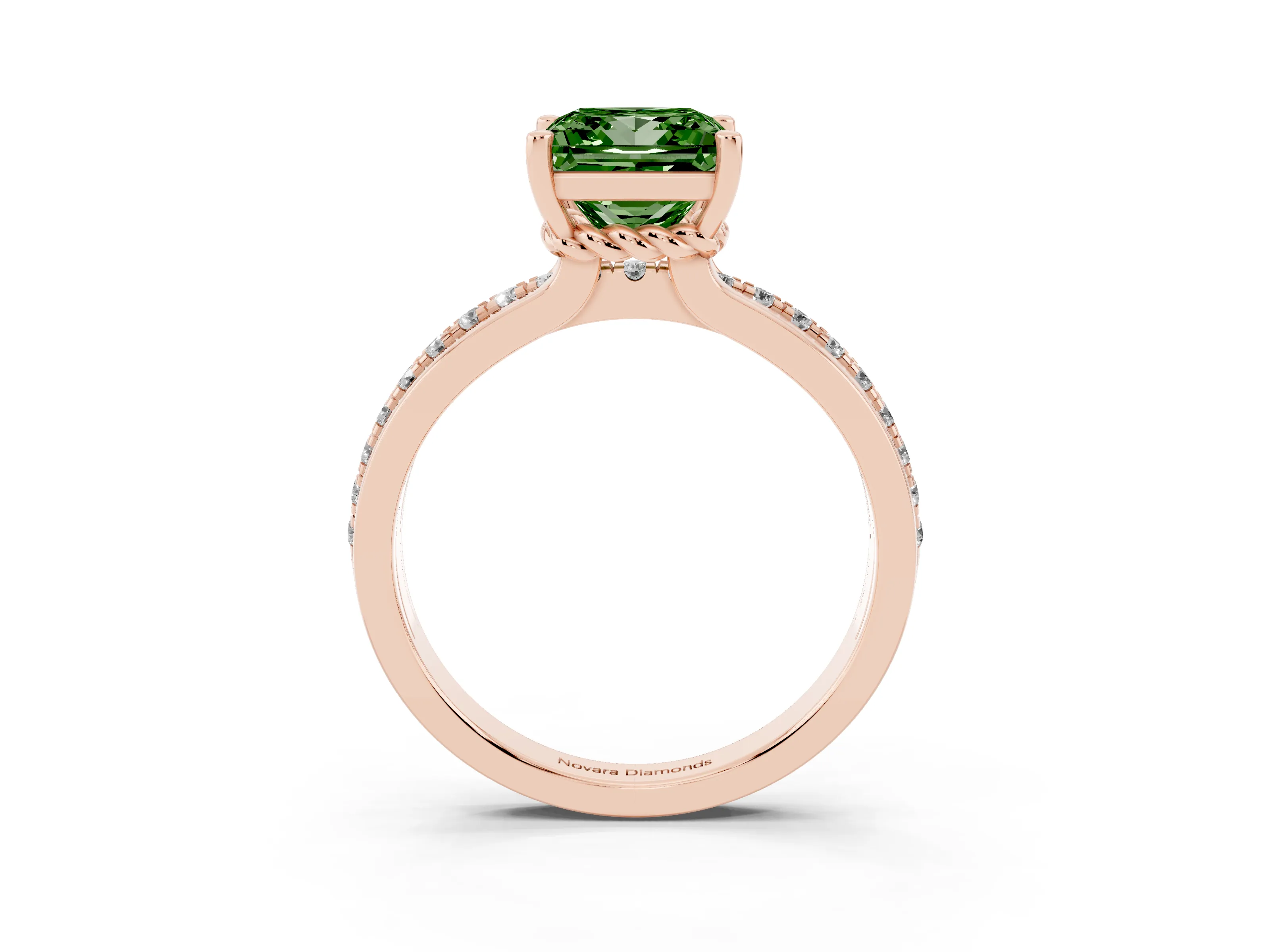 Fancy Green Princess Cut Diamond Solitaire Ring Set in Rose gold with Channel Set Band and Prong Setting