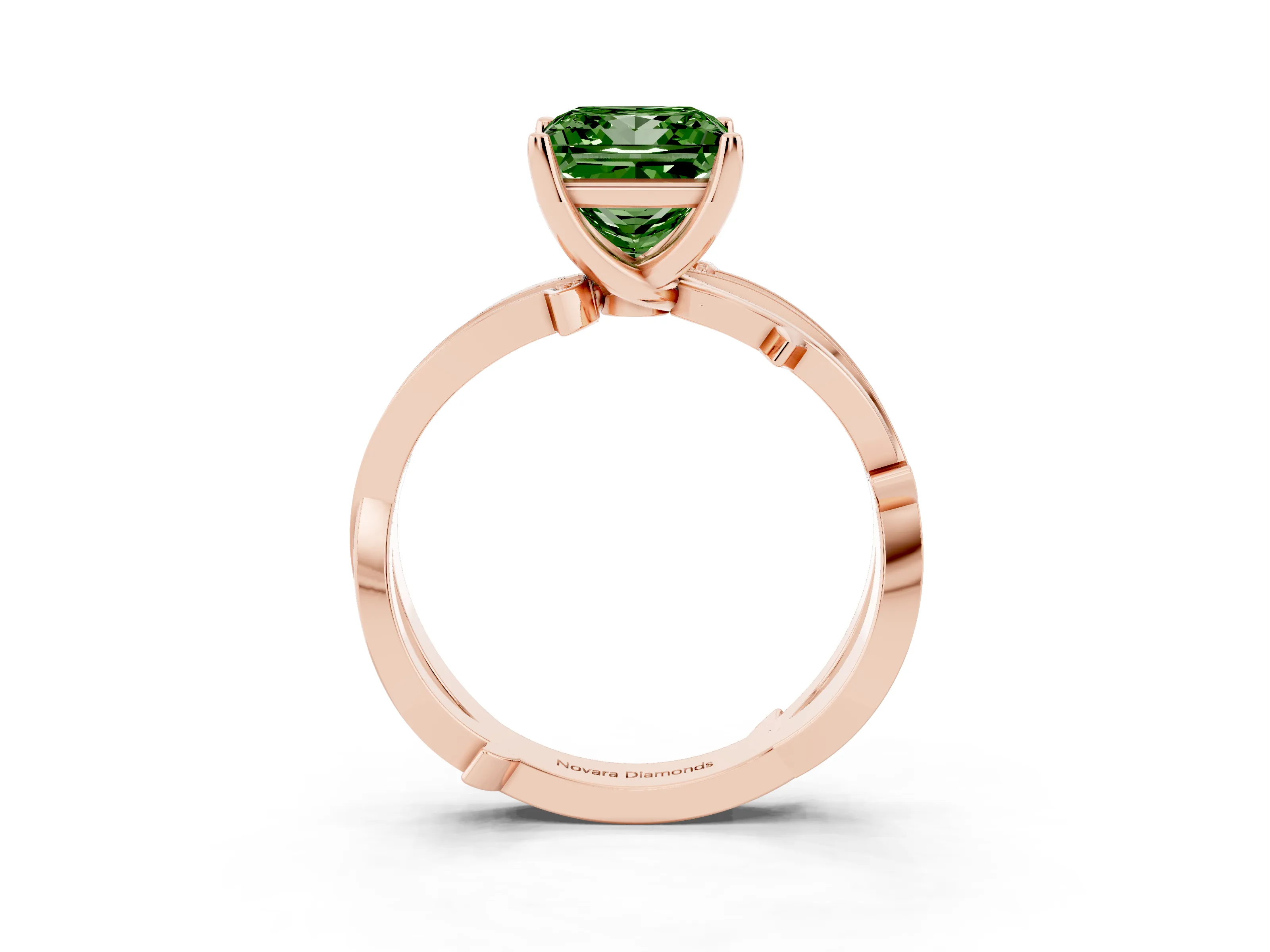 Fancy Green Princess Cut Diamond Pavé Twist Band Solitaire Ring Set in Rose gold with Prong Setting