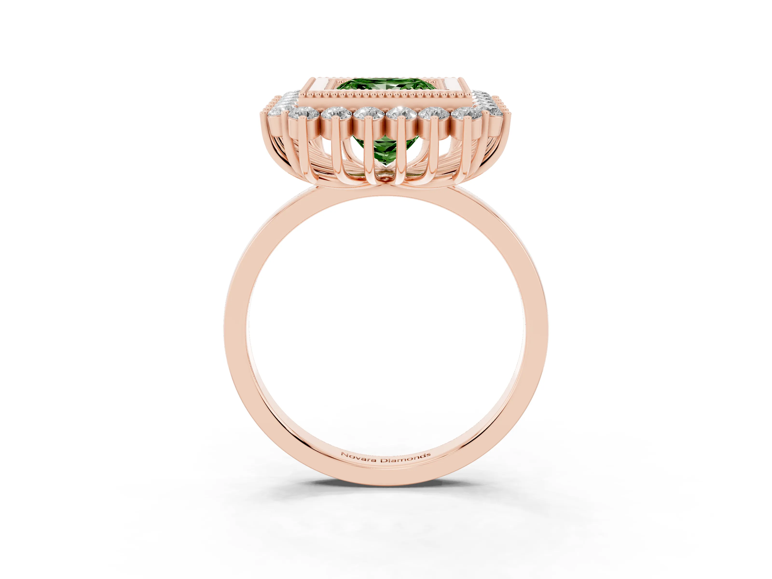 Fancy Green Princess Cut Diamond Halo Ring Set in Rose gold with Milgrain Edge and Round Prong Setting