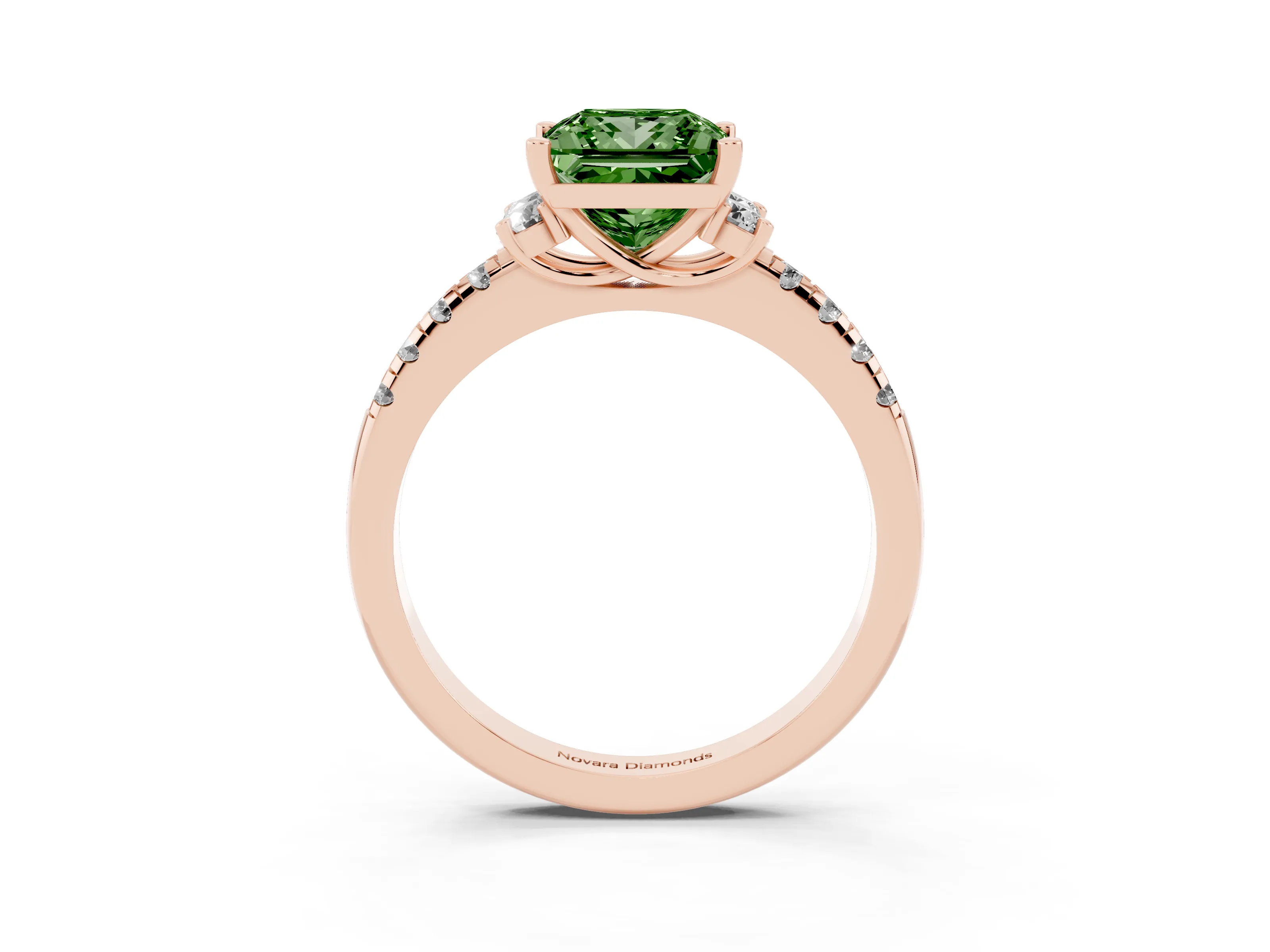 Fancy Green Princess Cut Diamond Three-Stone Pavé Ring Set in Rose gold with Prong Setting