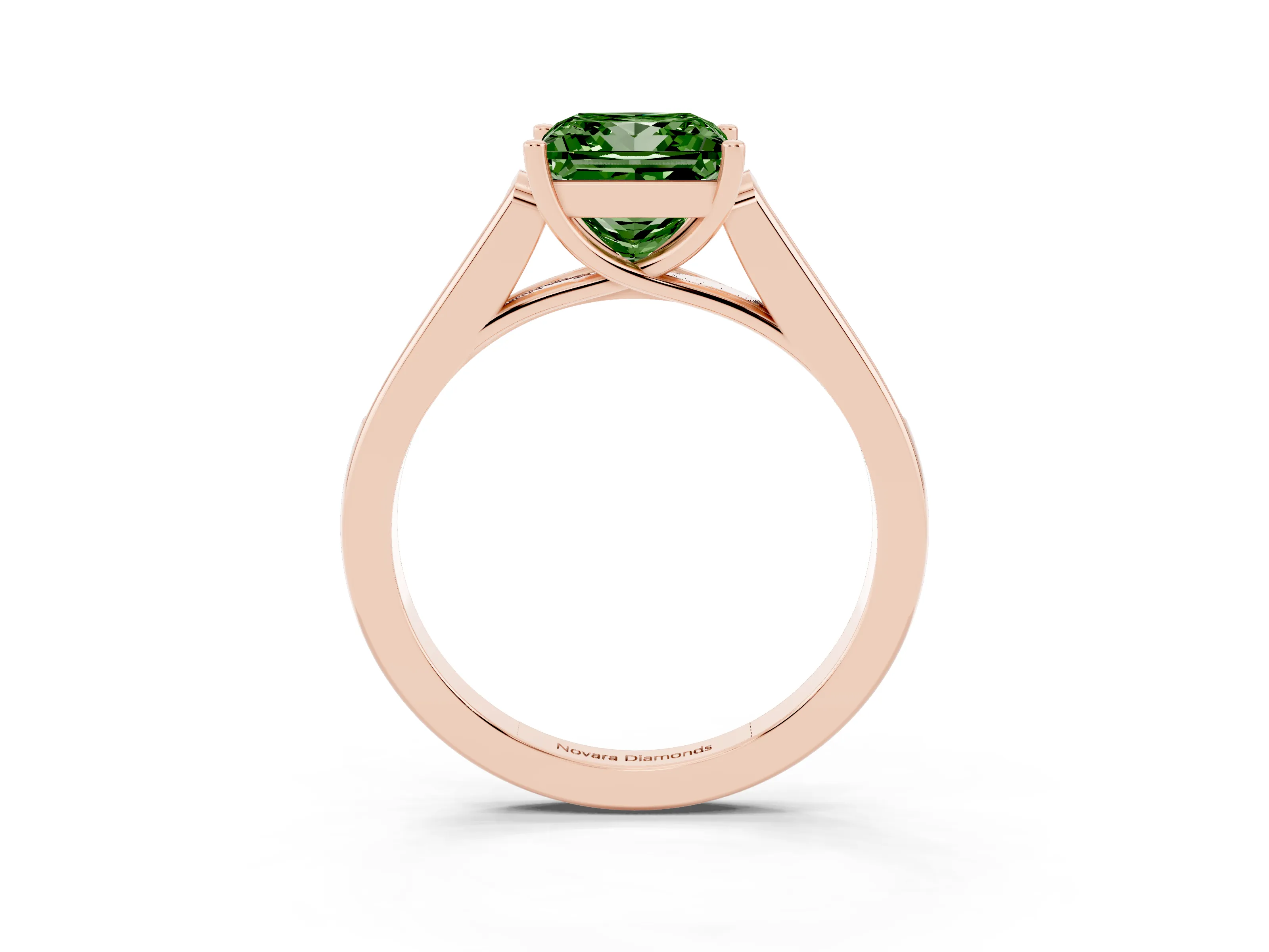 Fancy Green Princess Cut Diamond Solitaire Cathedral Engagement Ring Set in Rose gold with Channel-Set Band and Prong Setting