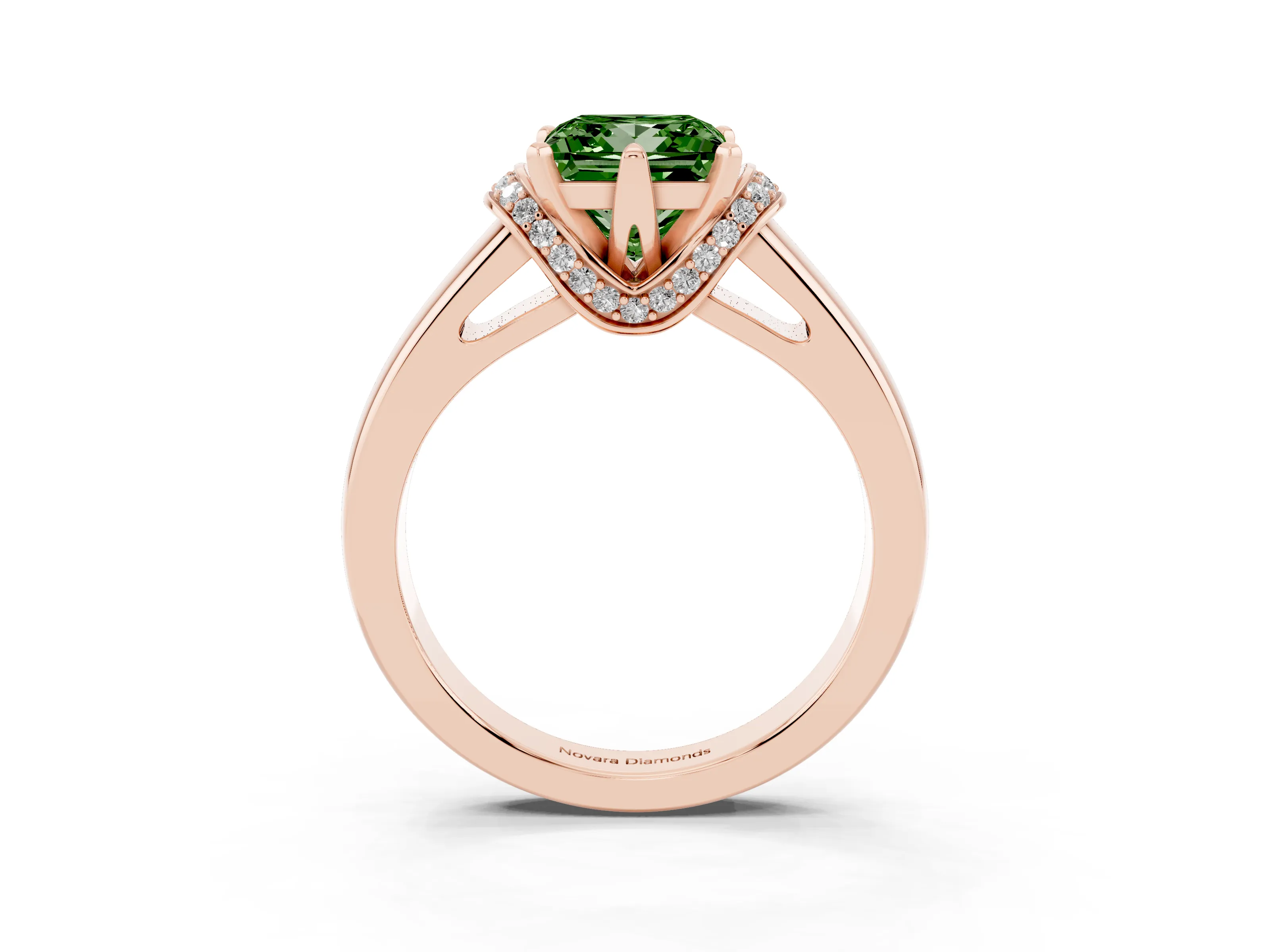 Fancy Green Princess Cut Diamond Pavé Band Solitaire Ring Set in Rose gold with Prong Setting
