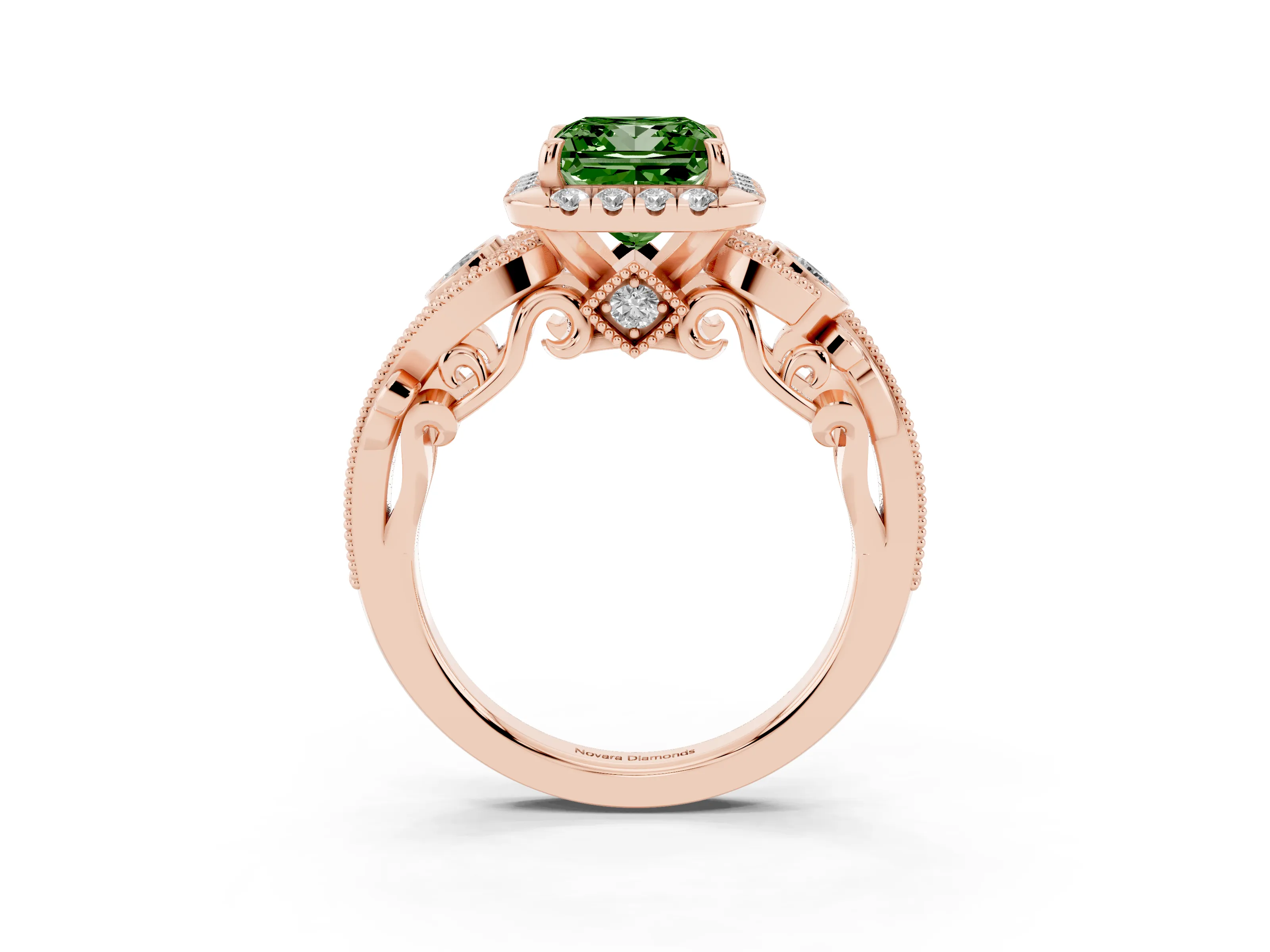 Fancy Green Princess Cut Diamond Halo Split Shank Ring Set in Rose gold with Milgrain and Bezel Accents