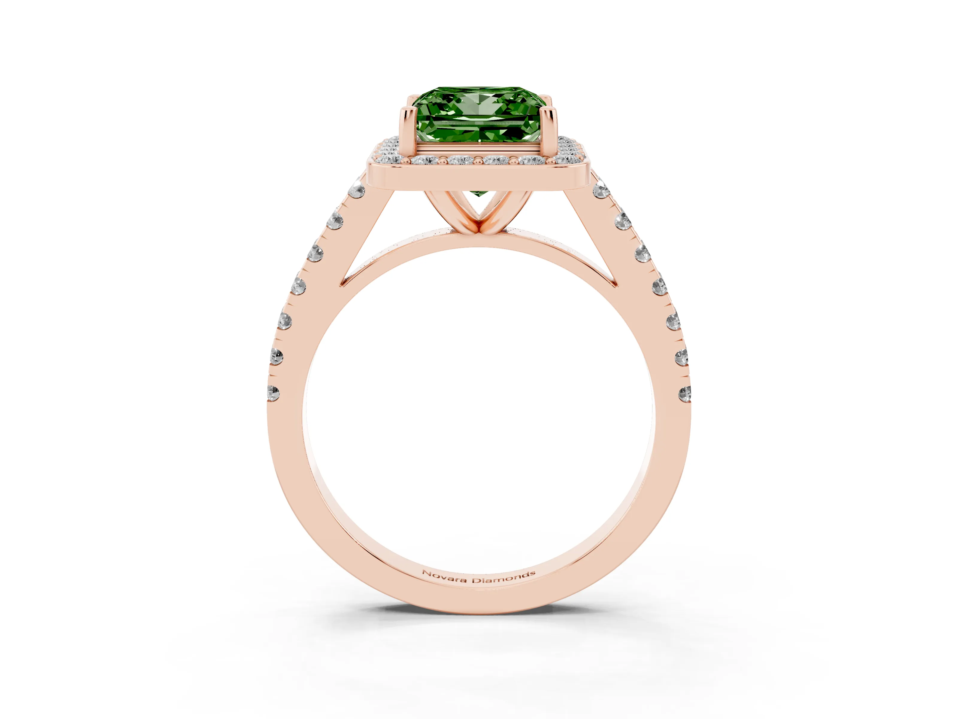 Fancy Green Princess Cut Diamond Halo Ring Set in Rose gold with Round Pavé Split Shank and Prong Setting
