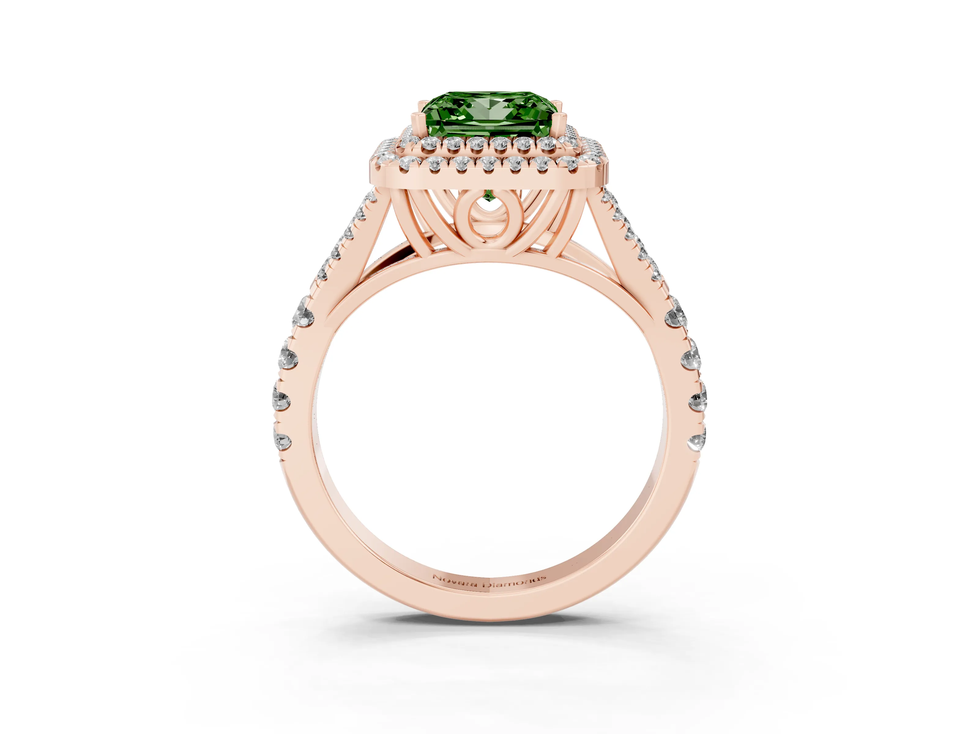 Fancy Green Princess Cut Diamond Pavé Split Shank Double Halo Engagement Ring Set in Rose gold
