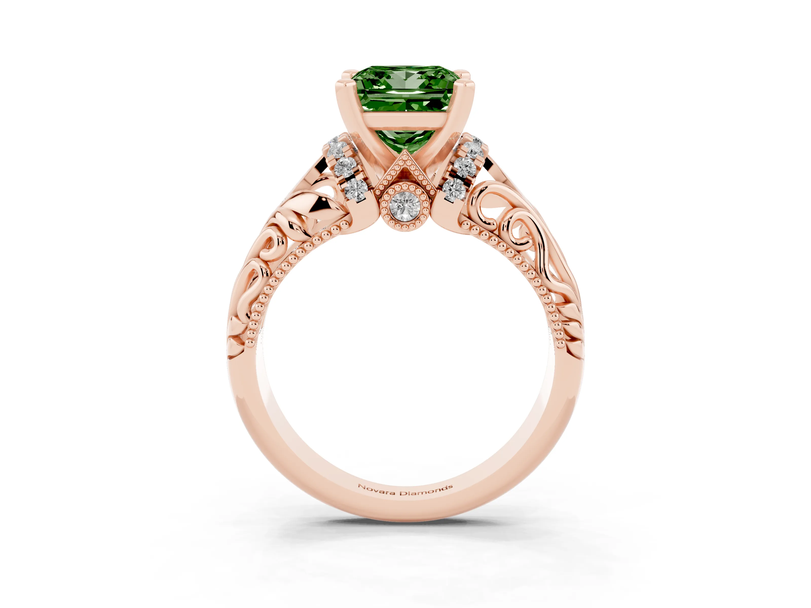 Fancy Green Princess Cut Diamond Filigree Halo Engagement Ring Set in Rose gold with Prong Setting