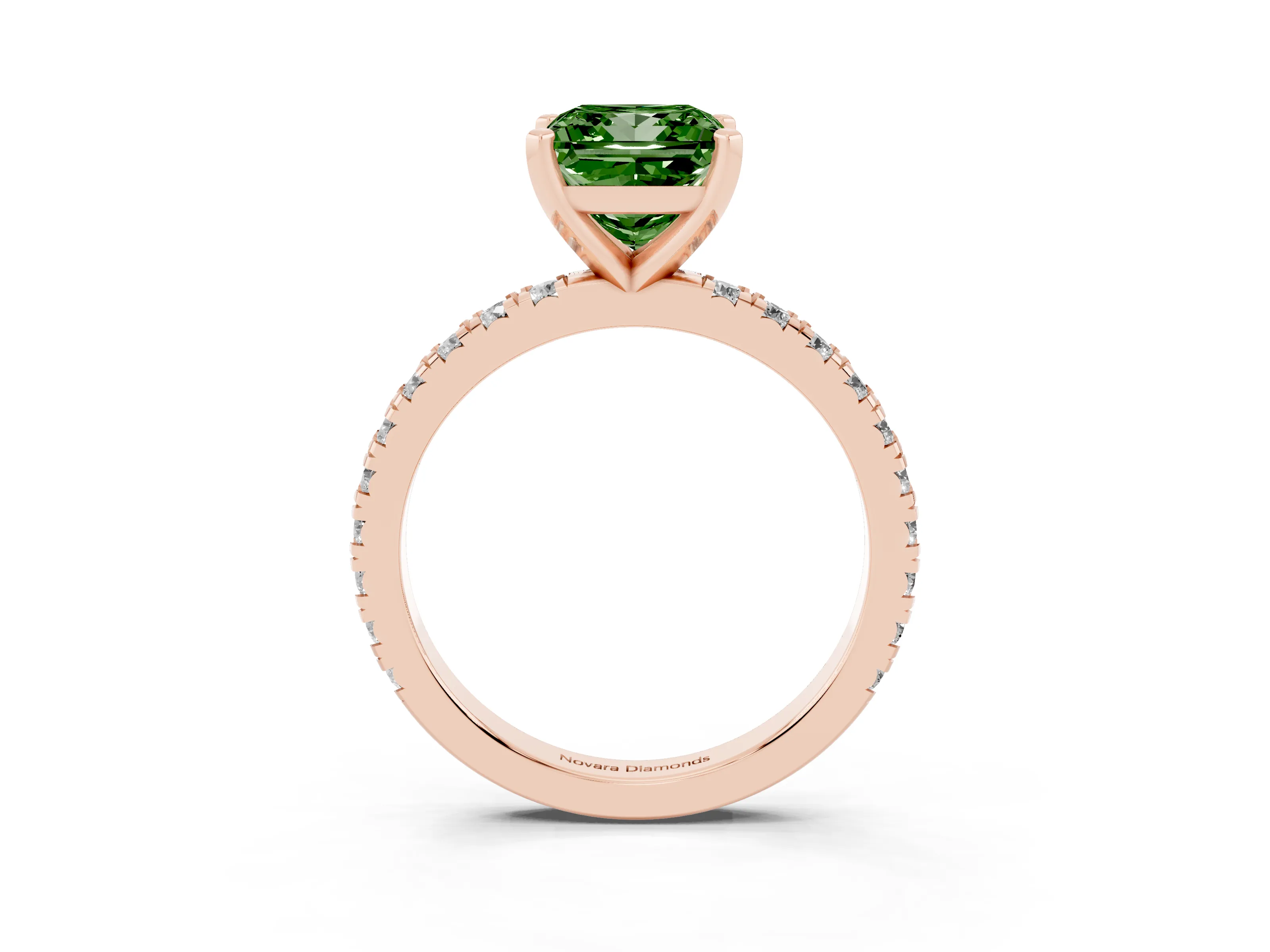 Fancy Green Princess Cut Diamond Pavé Band Solitaire Set in Rose gold with Prong Setting