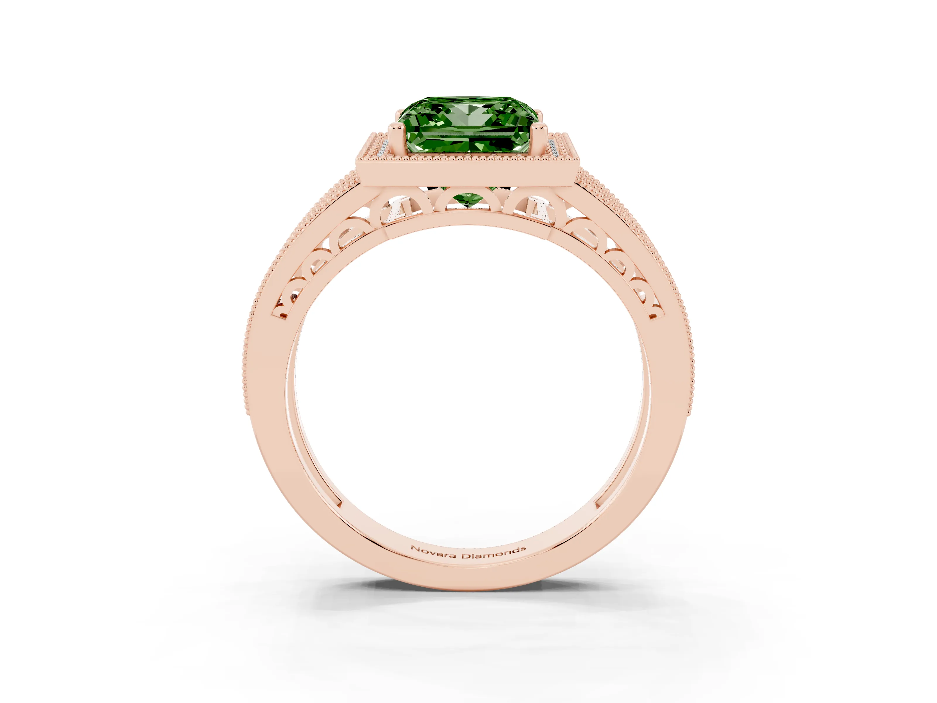 Fancy Green Princess Cut Diamond Halo Ring Set in Rose gold with Accent Split Shank and Prong Setting