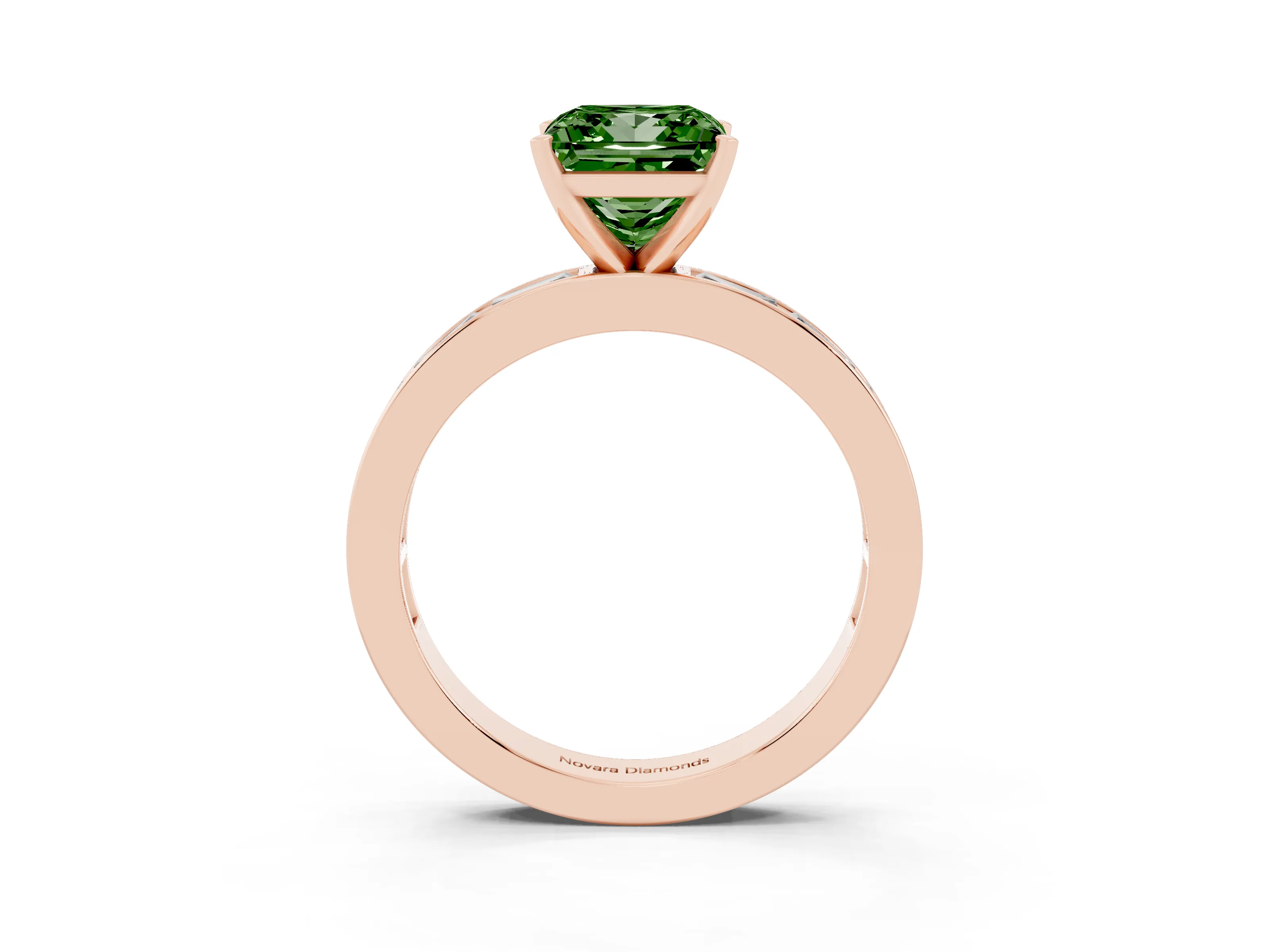 Fancy Green Princess Cut Diamond Solitaire Ring Set in Rose gold with Channel-Set Baguette Band and Prong Setting