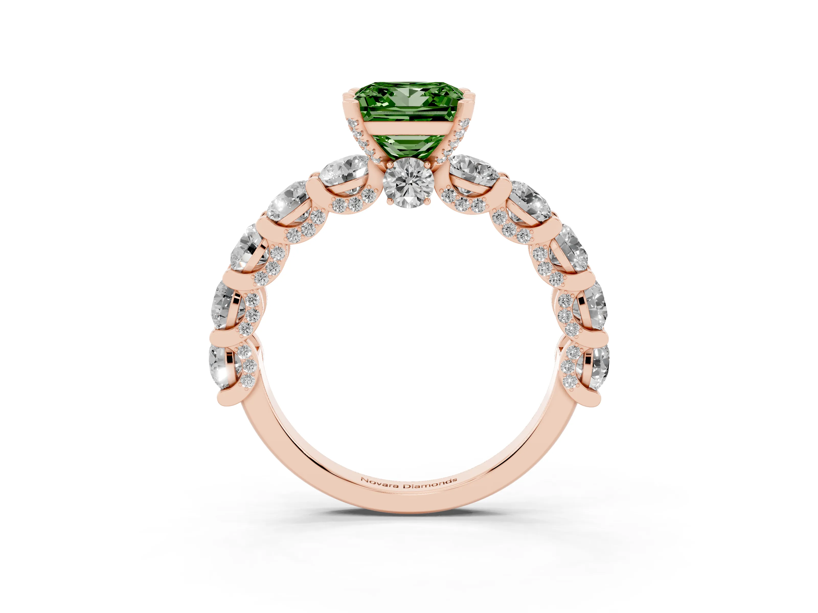 Fancy Green Princess Cut Diamond Side Stone Ring Set in Rose gold with Alternating Round and Oval Side Stones