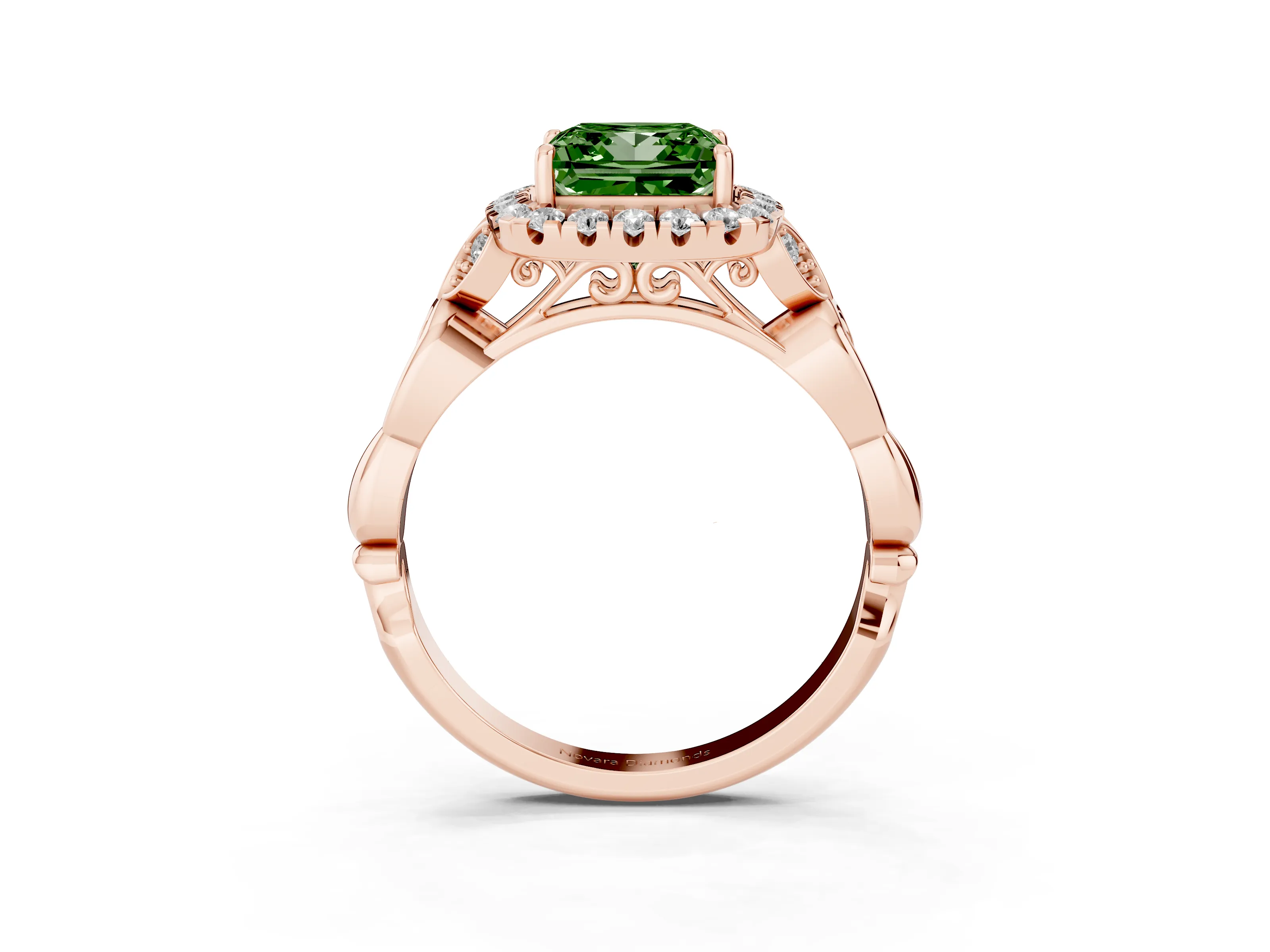 Fancy Green Princess Cut Diamond Halo Engagement Ring Set in Rose gold with Vintage-Inspired Band and Prong Setting