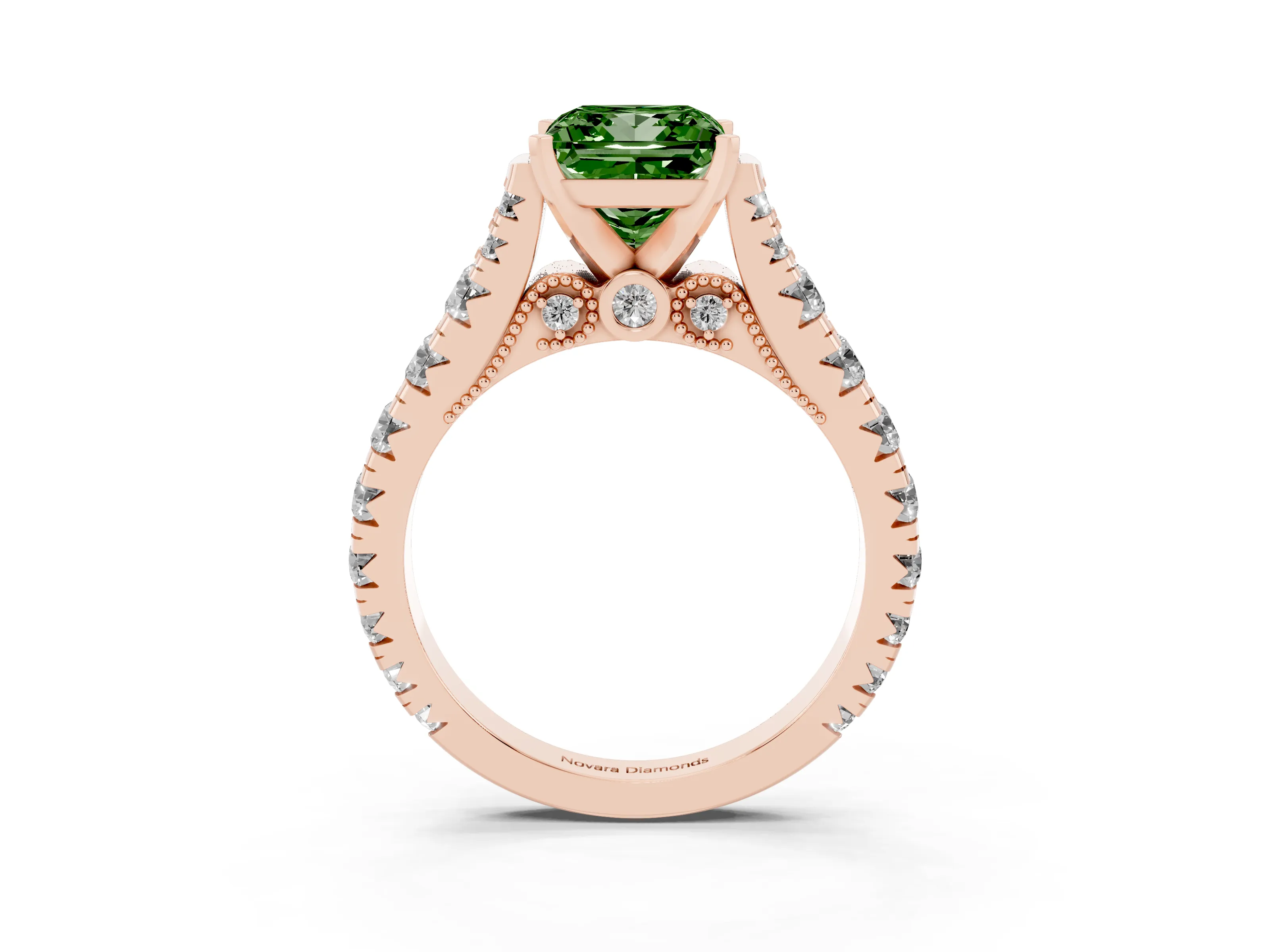 Fancy Green Princess Cut Diamond Classic Solitaire Ring Set in Rose gold with Pavé Band and Prong Setting