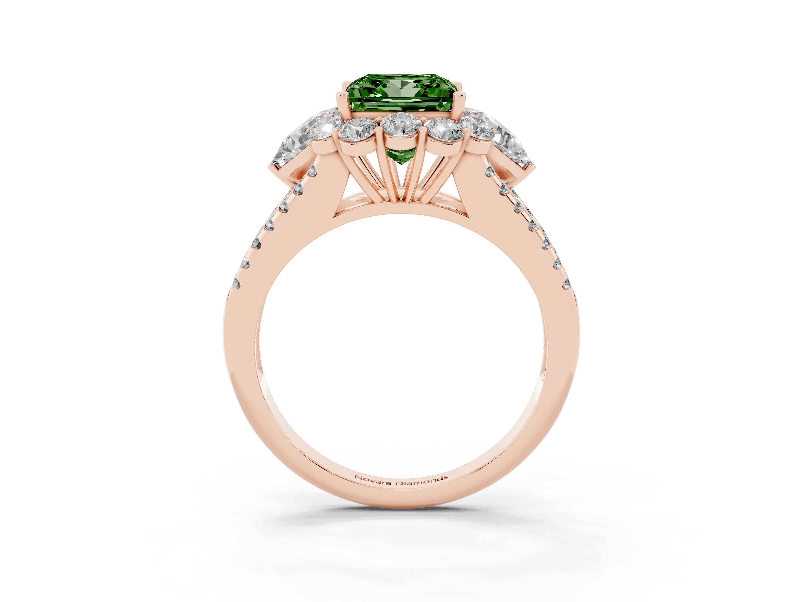 Fancy Green Princess Cut Diamond Halo Split Shank Engagement Ring Set in Rose gold with Prong-Held Center Stone