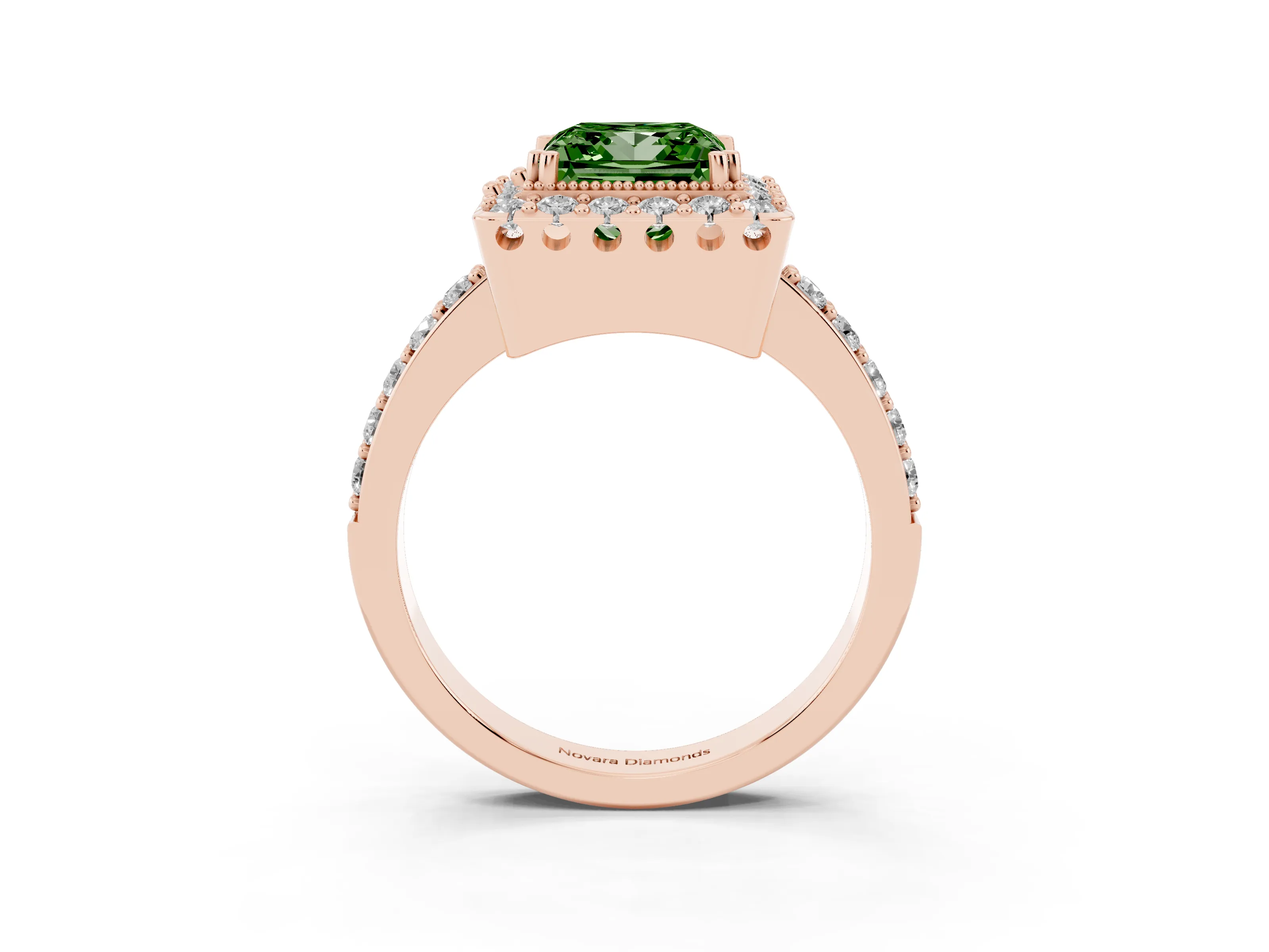 Fancy Green Princess Cut Diamond Halo Ring Set in Rose gold with Pavé Shank and Prong Setting