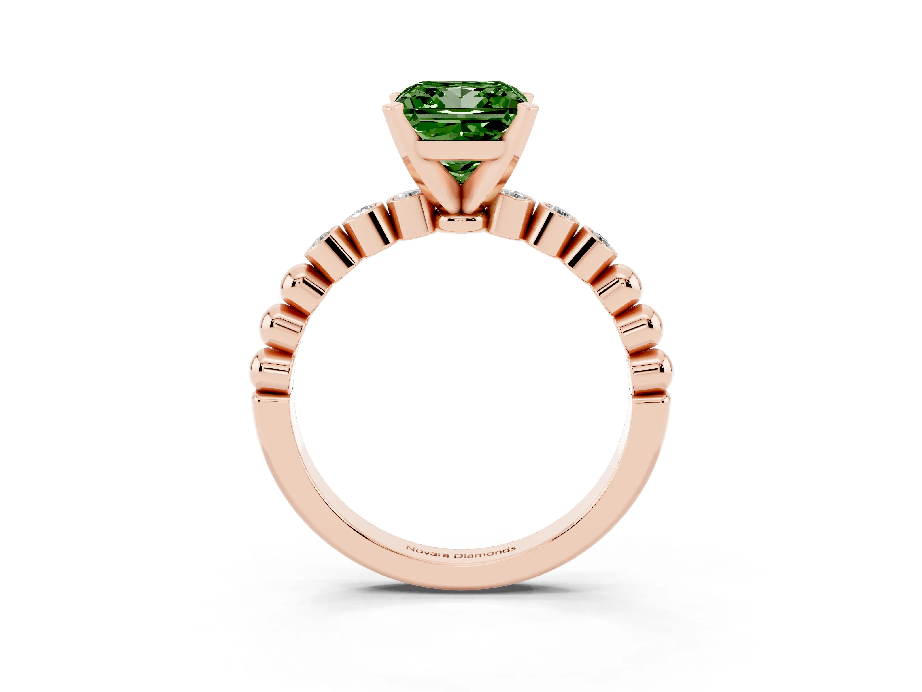 Fancy Green Princess Cut Diamond Solitaire Engagement Ring Set in Rose gold with Bezel Accents on Beaded Band