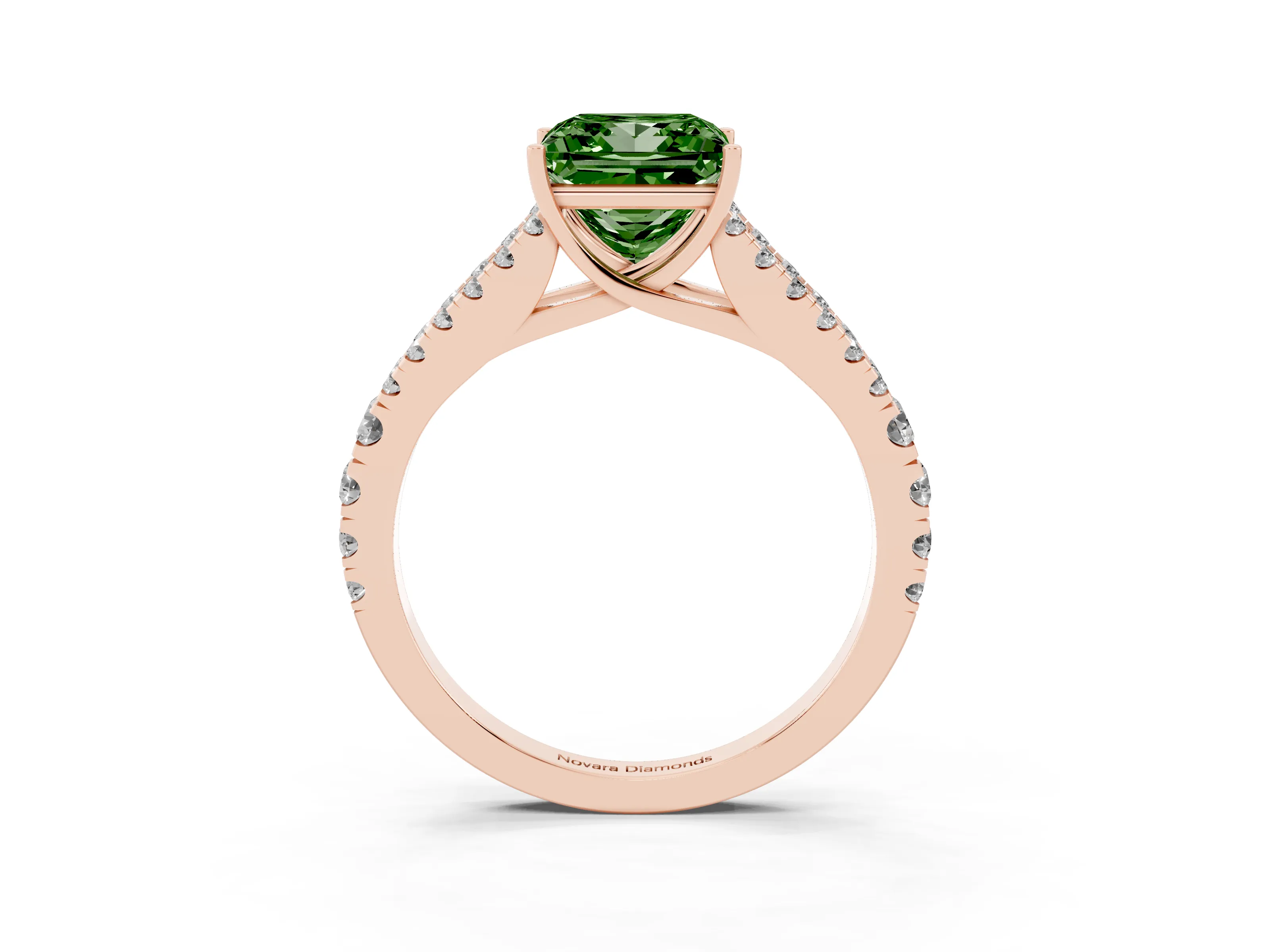 Fancy Green Princess Cut Diamond Split Shank Pavé Engagement Ring Set in Rose gold with Prong-Held Center Stone