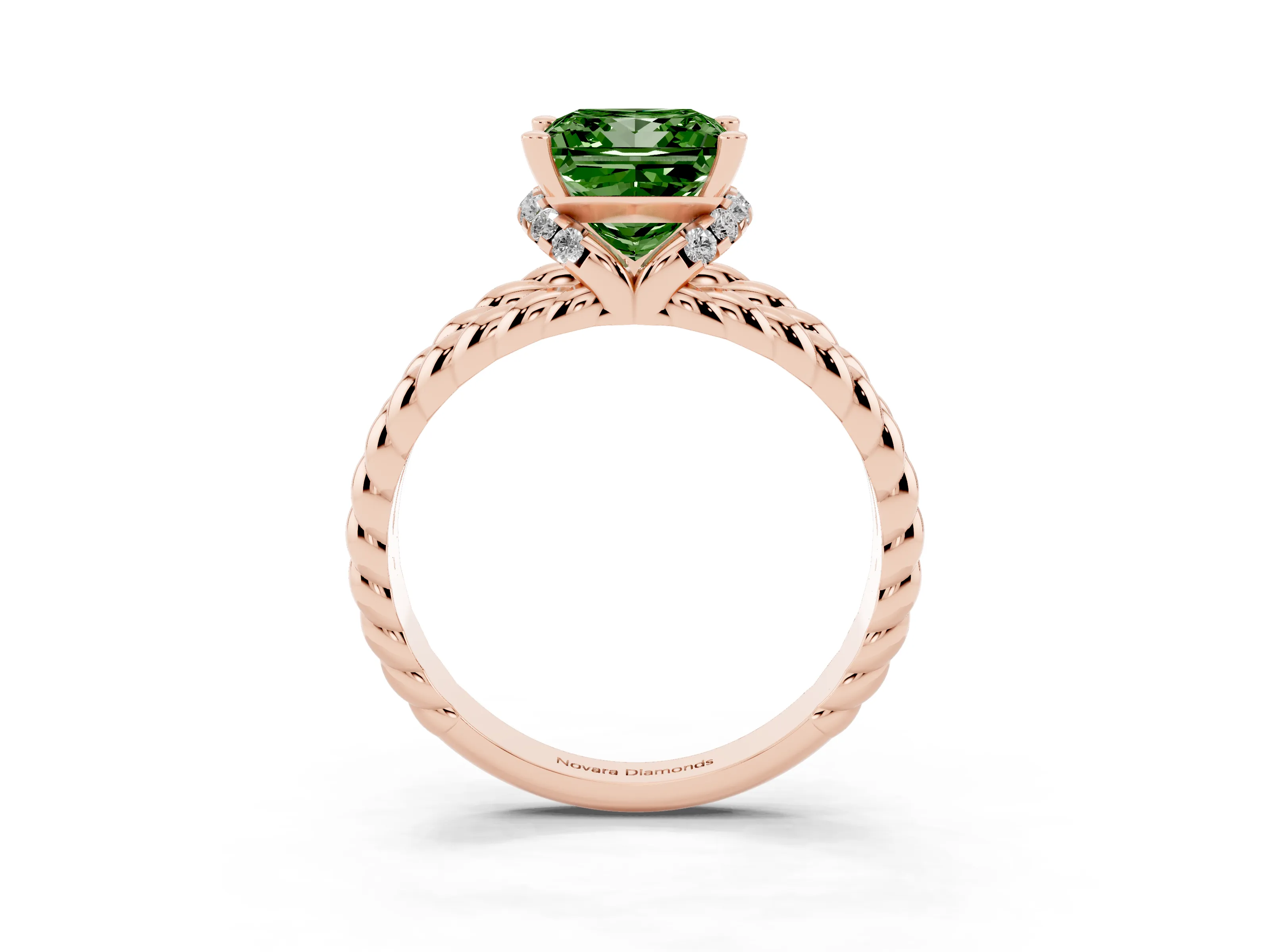 Fancy Green Princess Cut Diamond Halo Ring Set in Rose gold with Twisted Band and Prong Setting