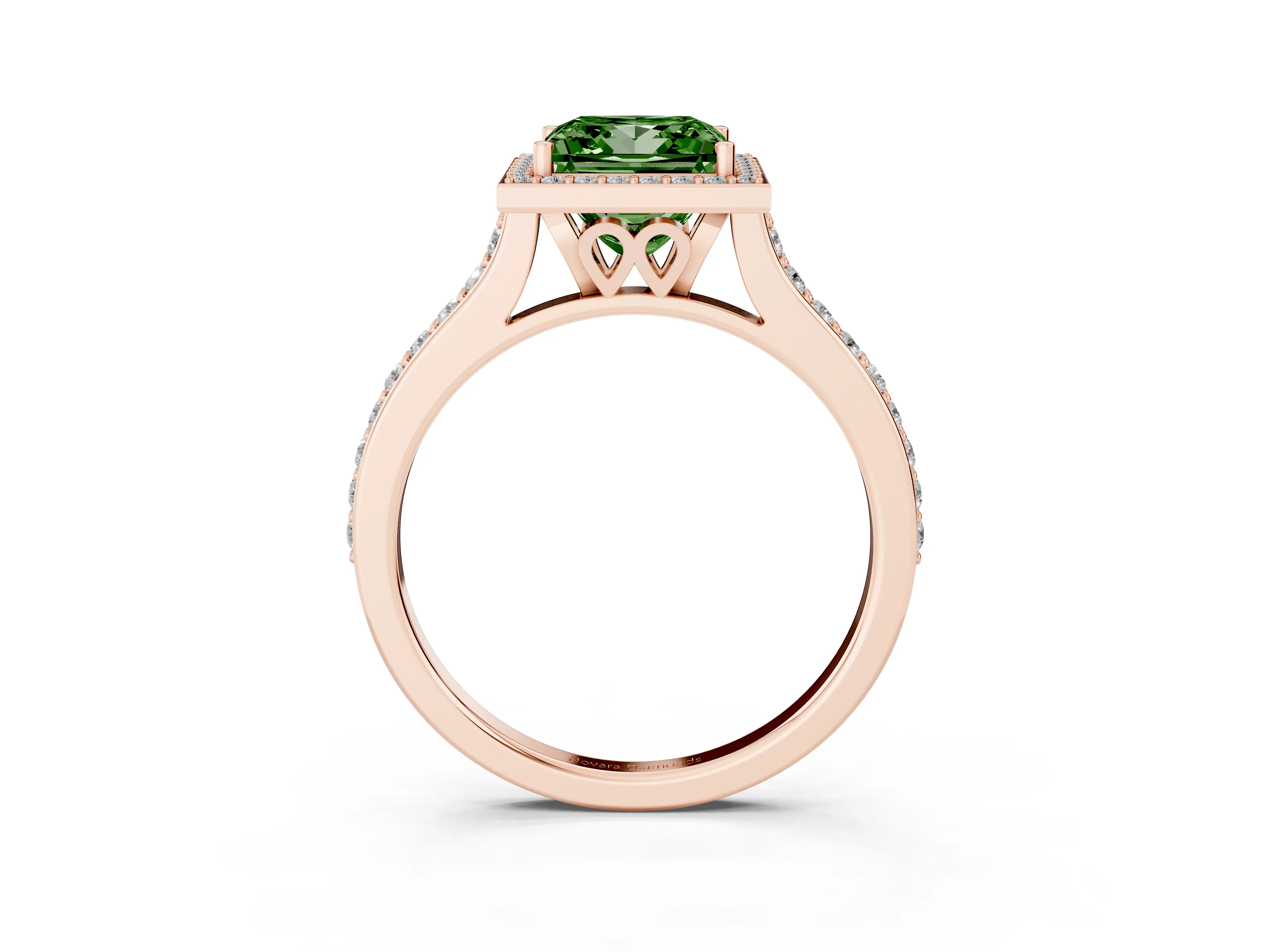 Fancy Green Princess Cut Diamond Halo Engagement Ring Set in Rose gold with Round Pavé Shoulders and Heart Gallery
