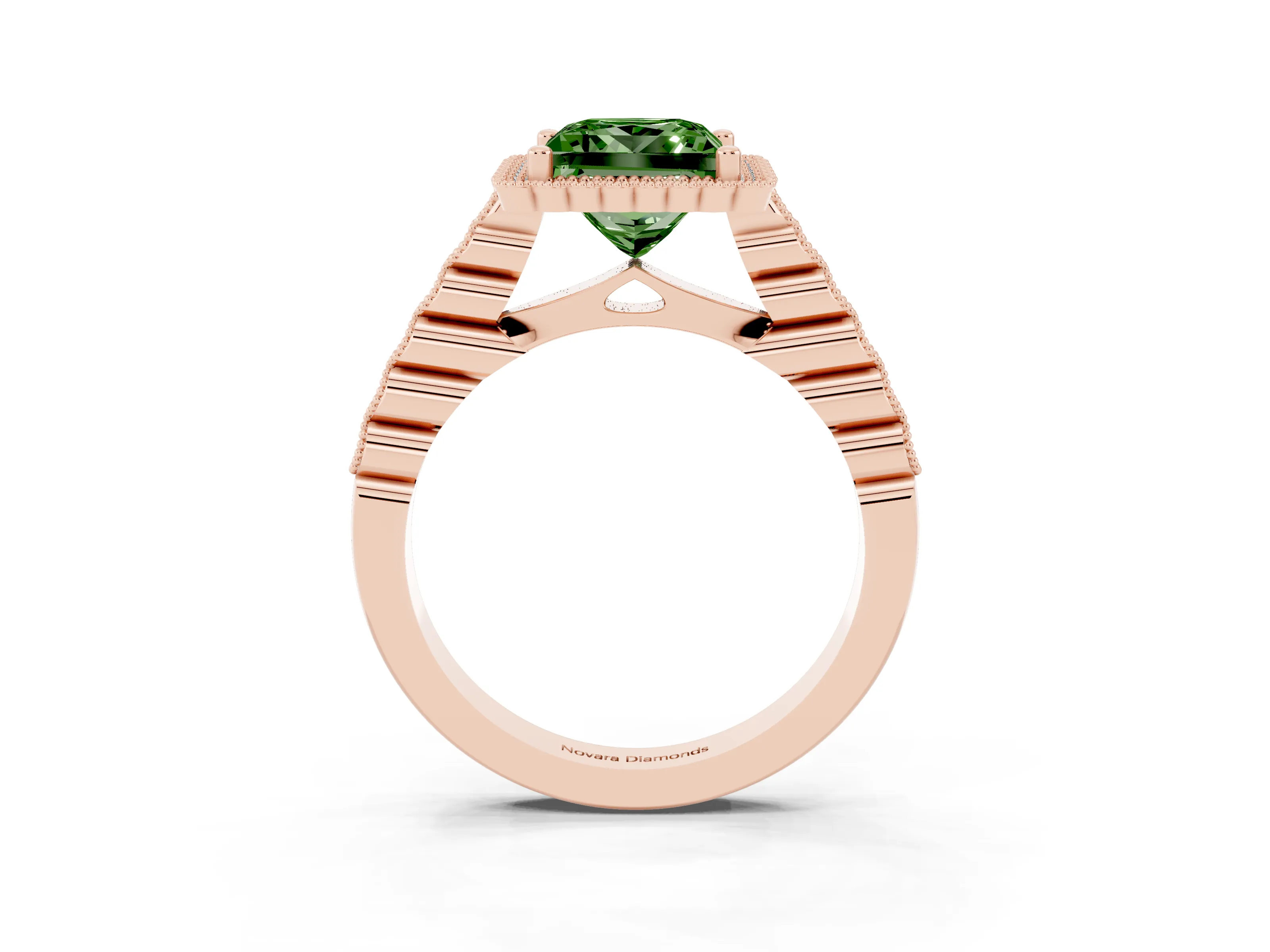 Fancy Green Princess Cut Diamond Halo Ring Set in Rose gold with Pavé Milgrain Band