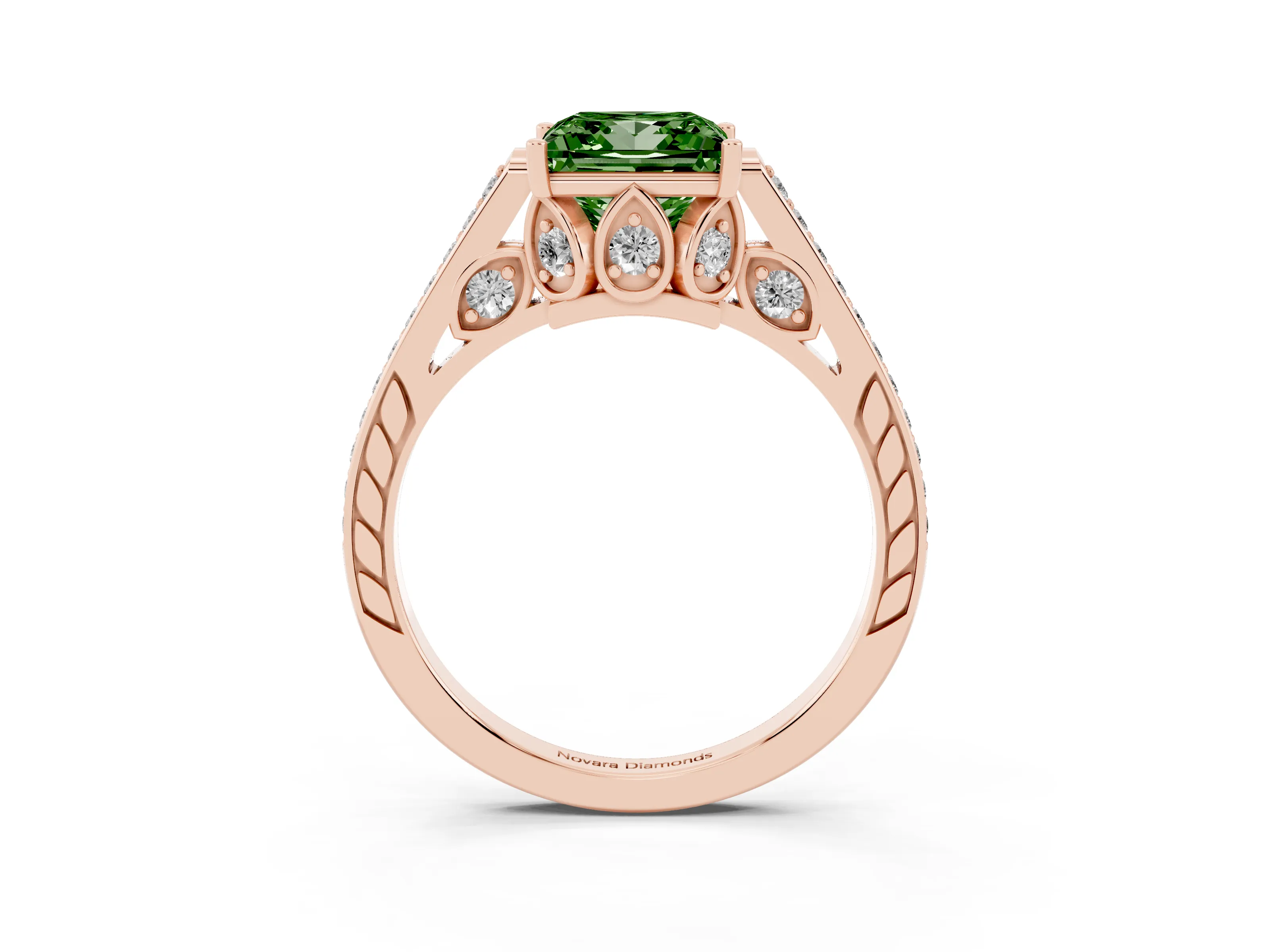 Fancy Green Princess Cut Diamond Cathedral Pavé Engagement Ring Set in Rose gold with Prong Setting
