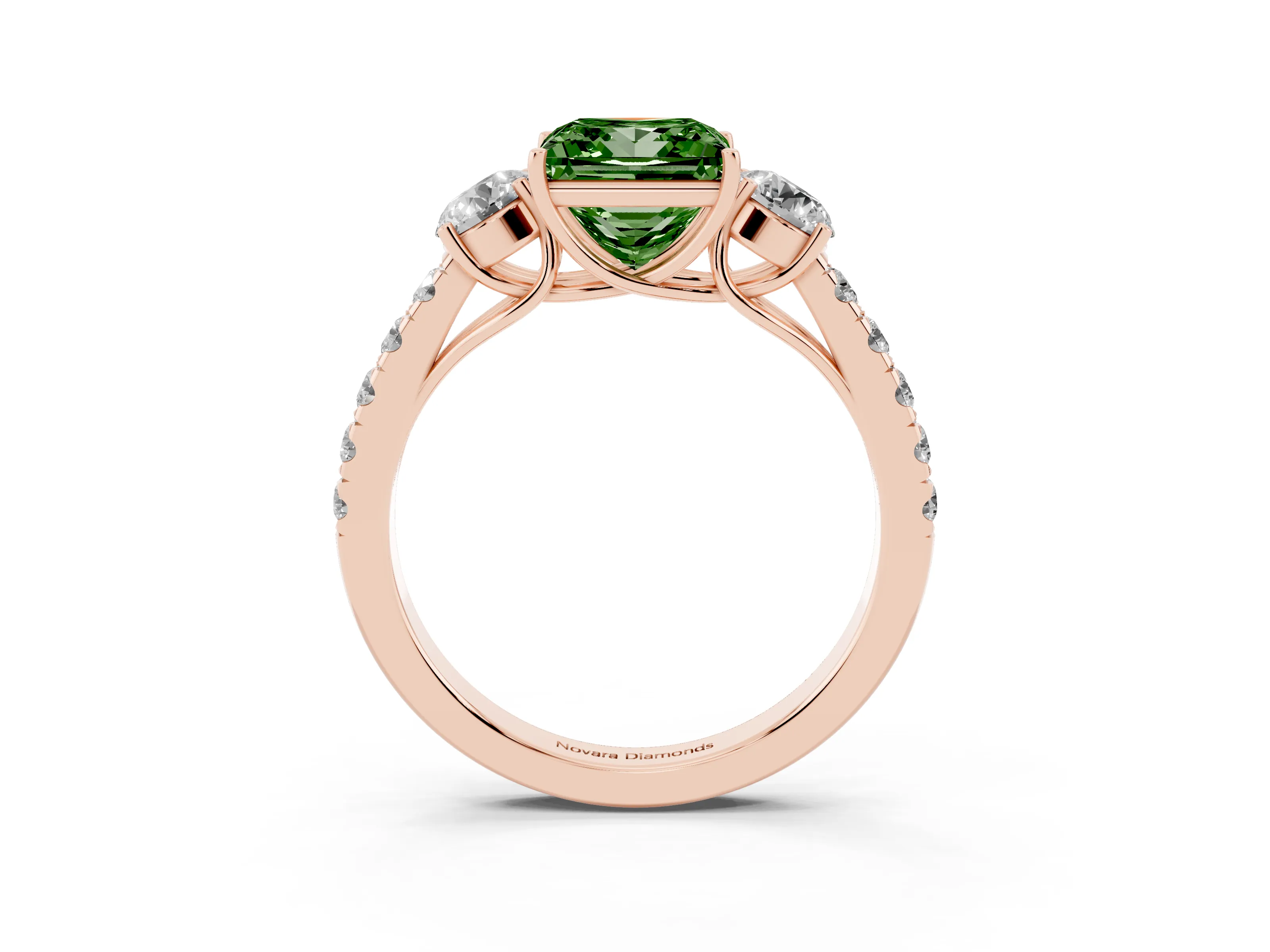 Fancy Green Princess Cut Diamond Three-Stone Ring Set in Rose gold with Round Side Stones and Delicate Pavé Band
