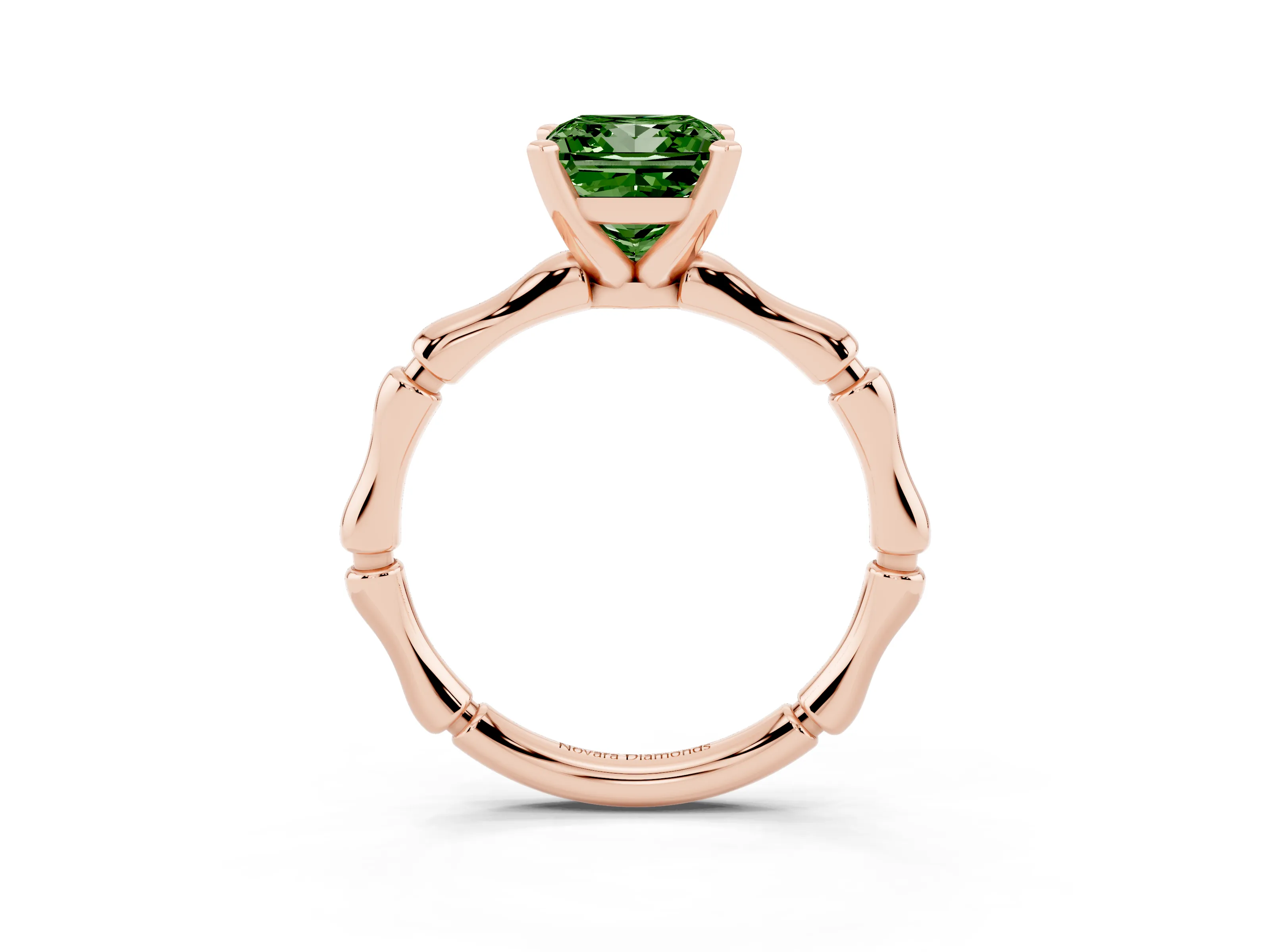 Fancy Green Princess Cut Diamond Solitaire Ring Set in Rose gold with Bamboo Band and Prong Setting