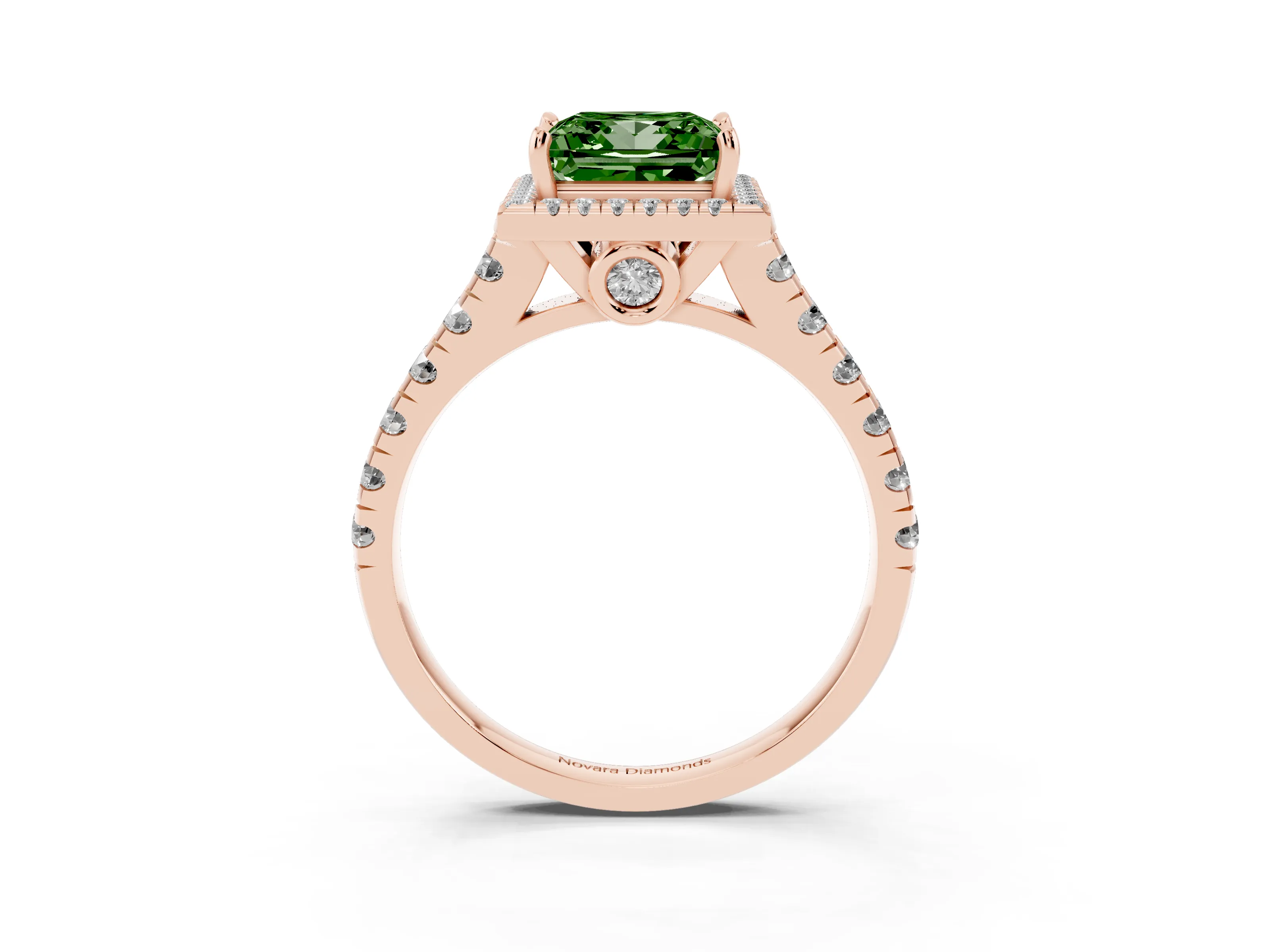 Fancy Green Princess Cut Diamond Halo Engagement Ring Set in Rose gold with Pavé Band and Prong-Set Center