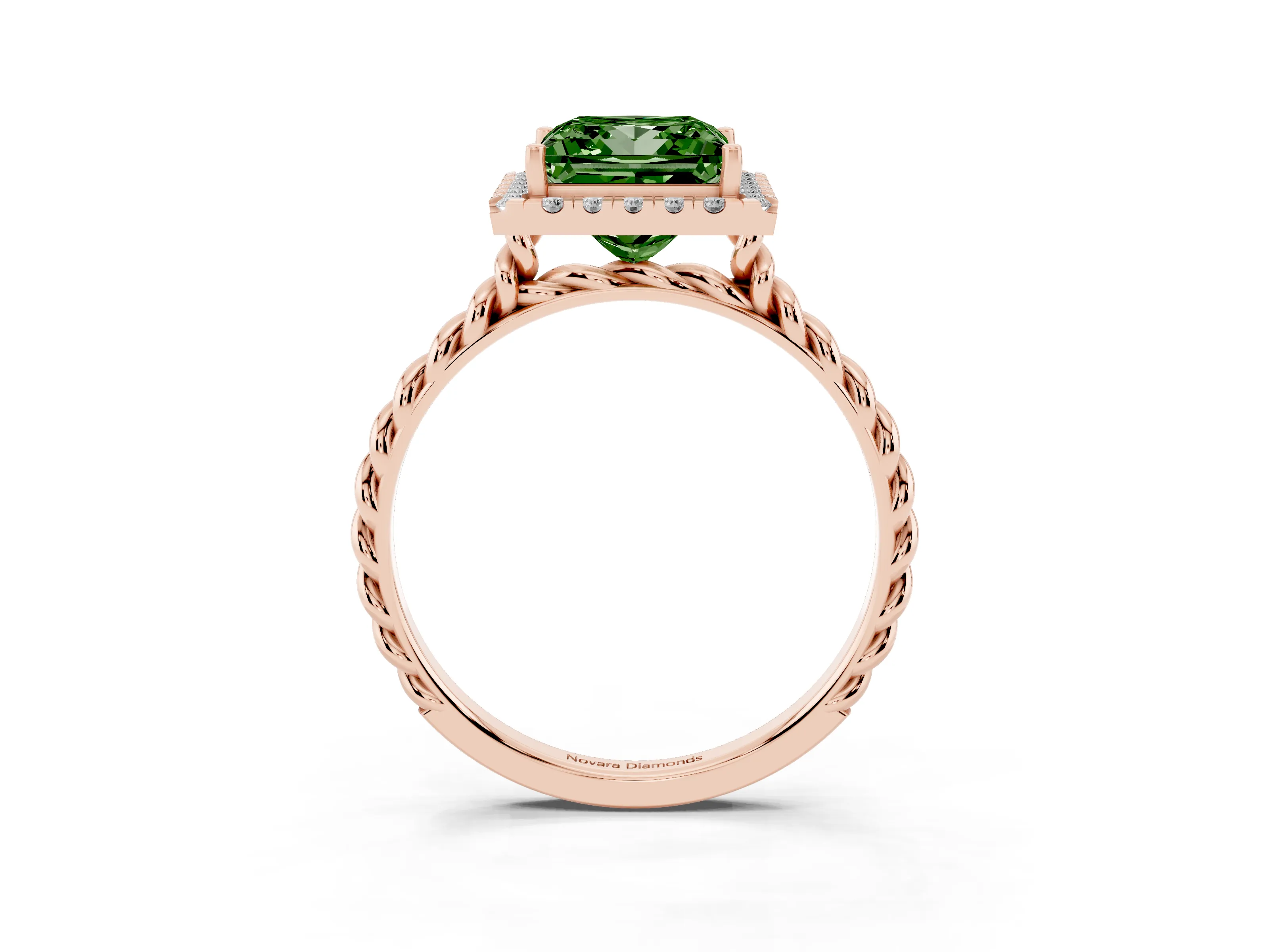 Fancy Green Princess Cut Diamond Halo Ring Set in Rose gold with Plain Twisted Band