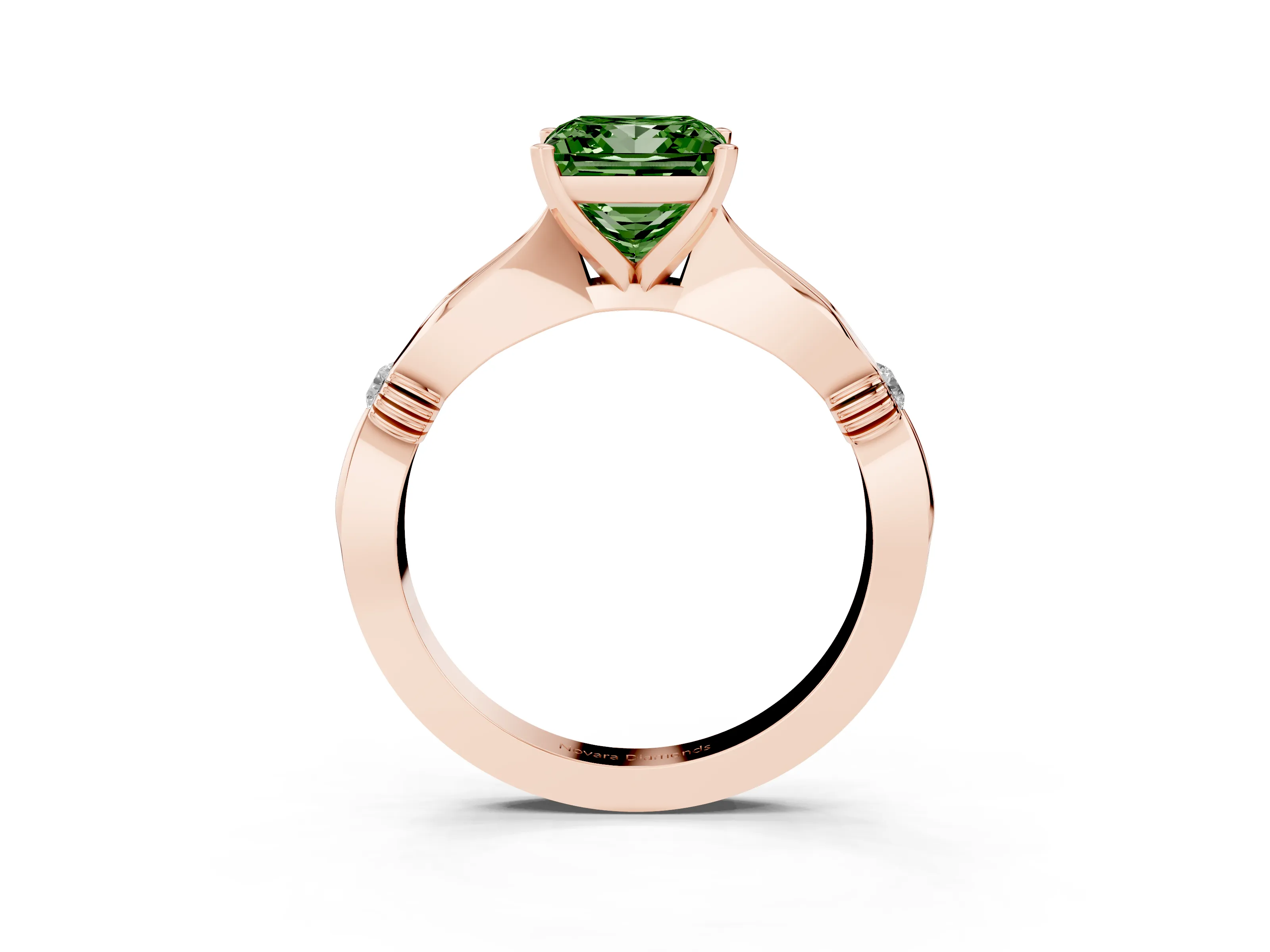 Fancy Green Princess Cut Diamond Solitaire Twisted Band Ring Set in Rose gold with Accent Stones and Prong Setting