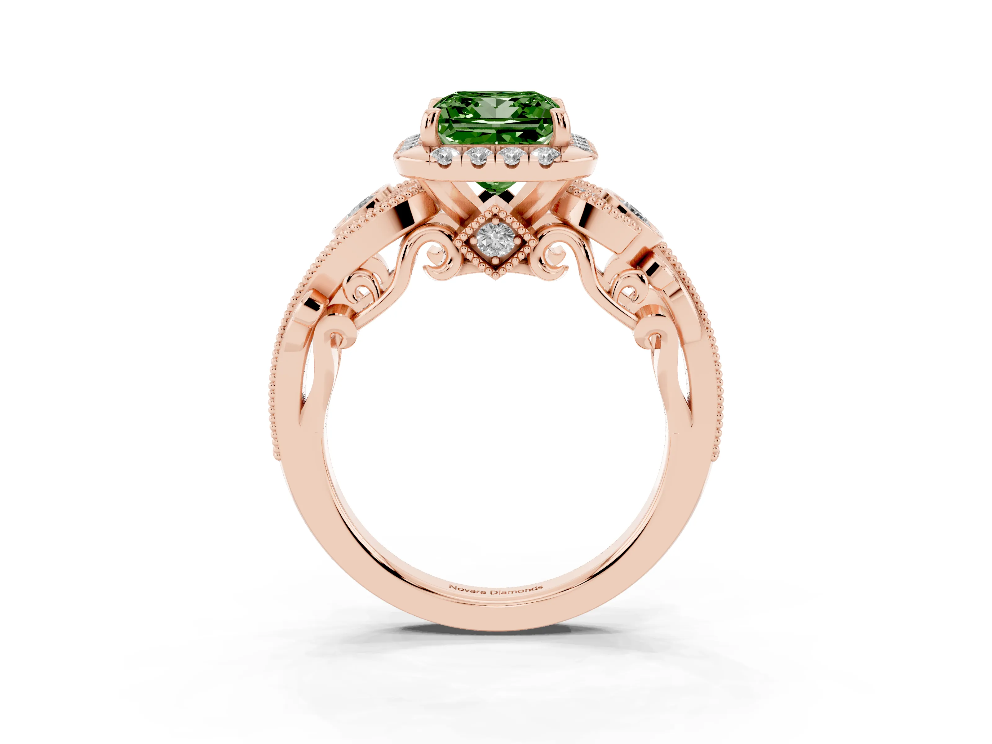 Fancy Green Princess Cut Diamond Halo Ring Set in Rose gold with Milgrain Pavé Band and Prong Setting