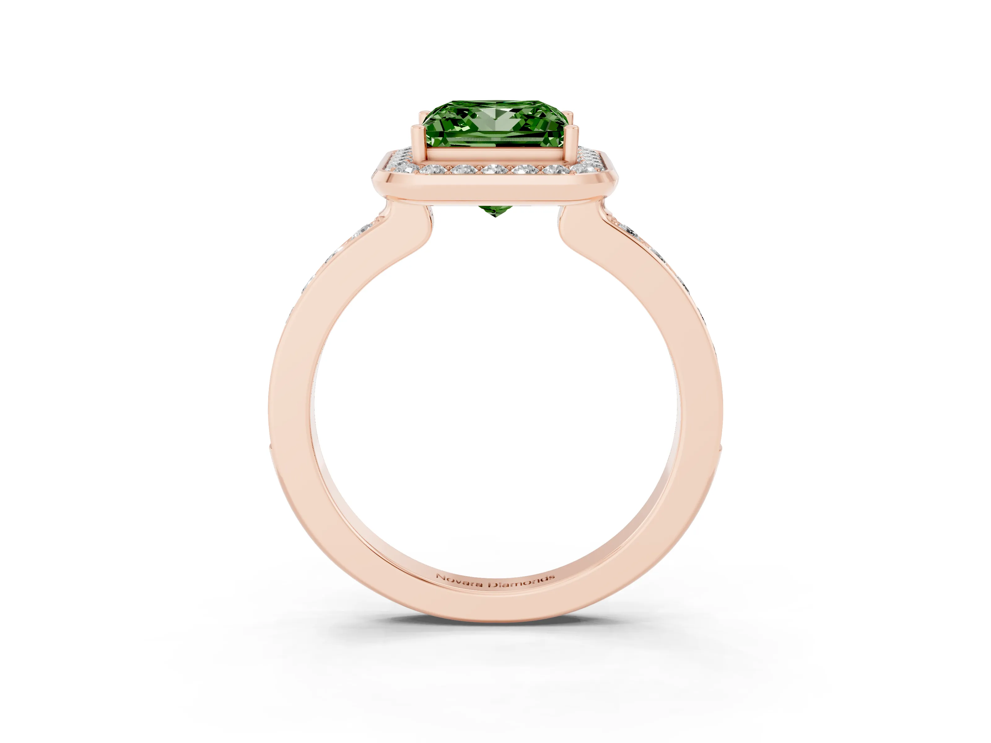 Fancy Green Princess Cut Diamond Halo Ring Set in Rose gold with Bezel Frame and Pavé Band