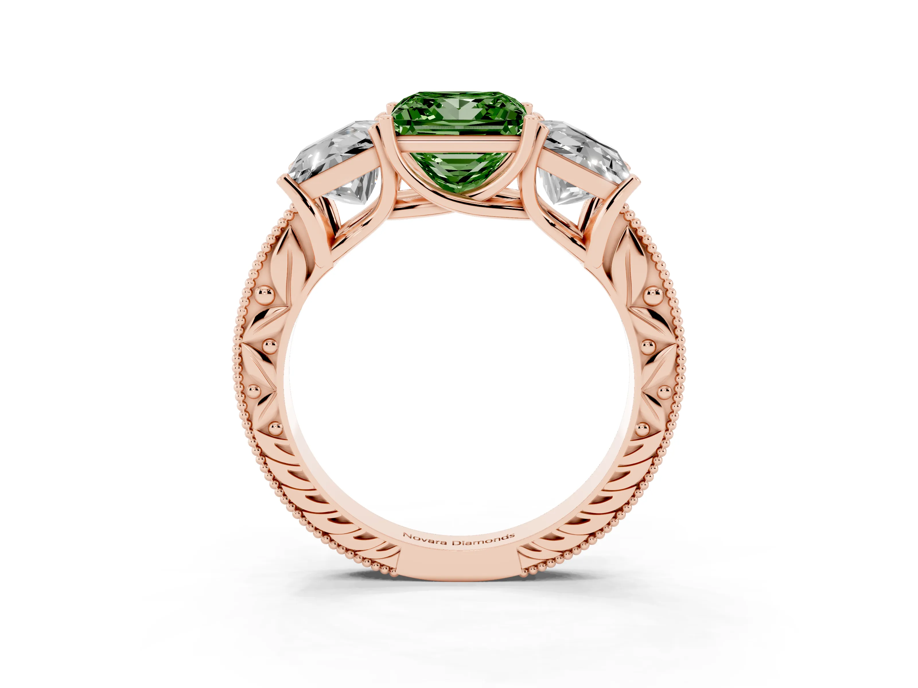 Fancy Green Princess Cut Diamond Three-Stone Engagement Ring Set in Rose gold with Milgrain Pavé Band