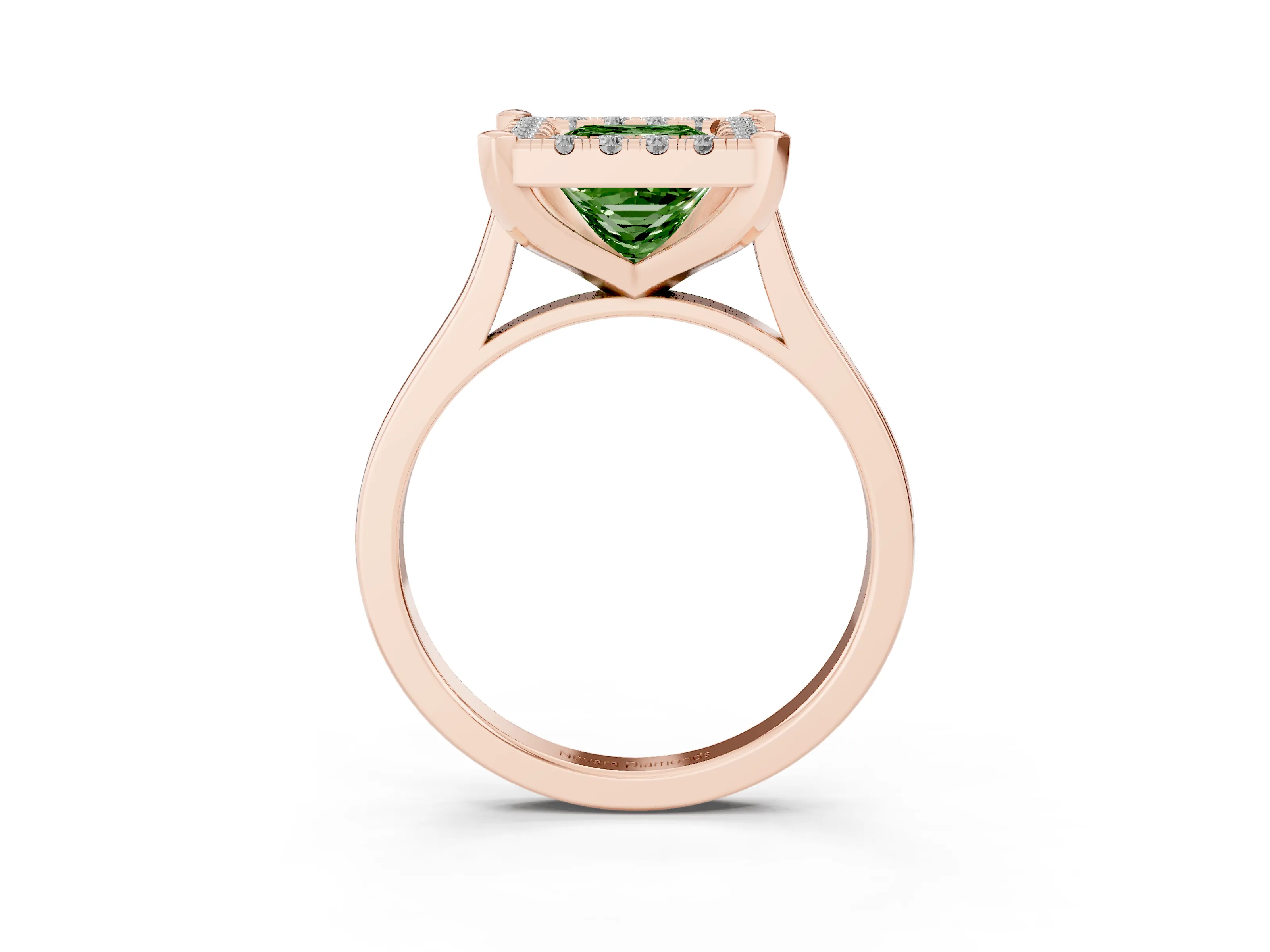 Fancy Green Princess Cut Diamond Cluster Halo Solitaire Ring Set in Rose gold with Prong Setting