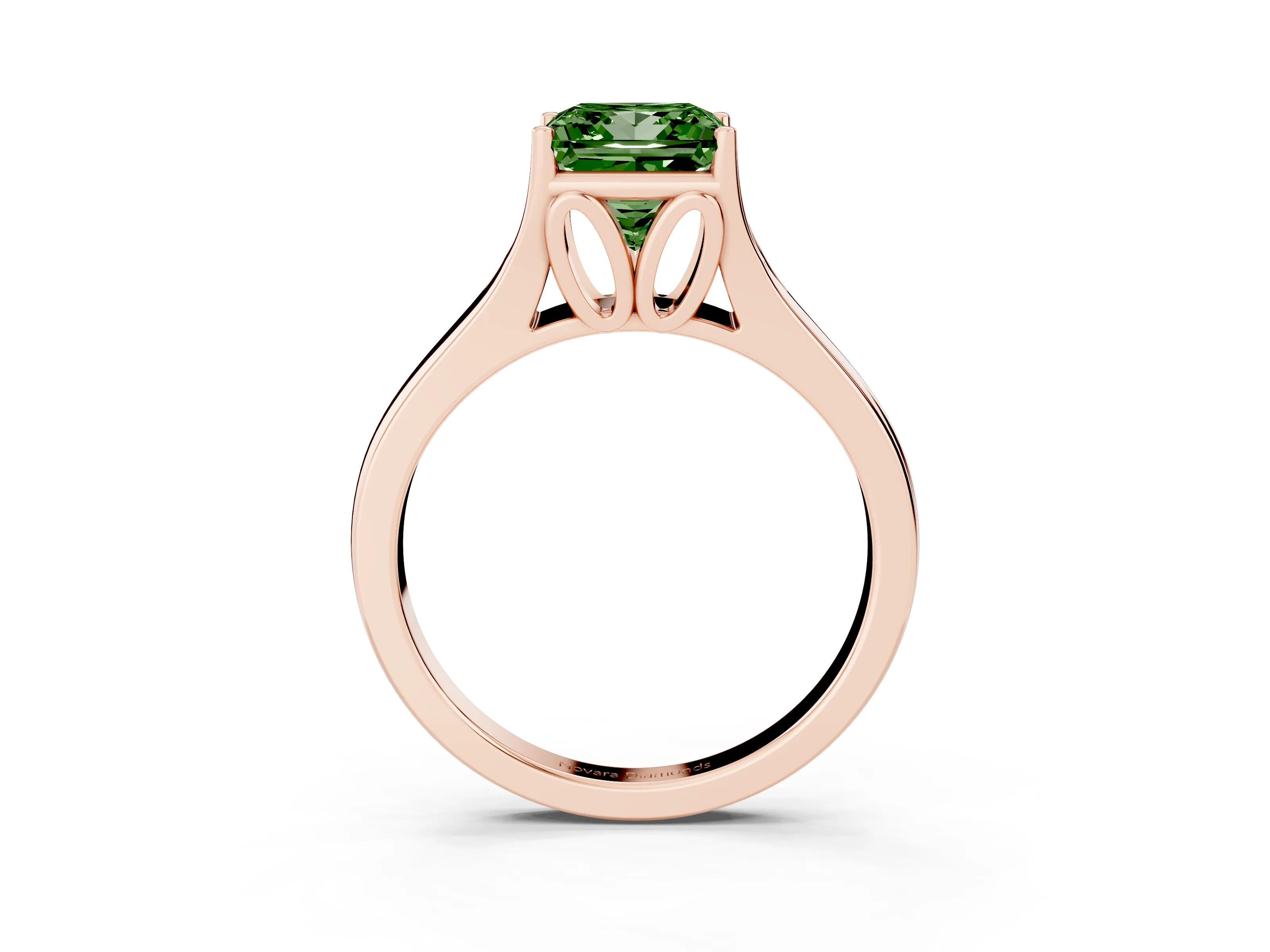 Fancy Green Princess Cut Diamond Solitaire Ring Set in Rose gold with Arched Cathedral Band and Prong Setting