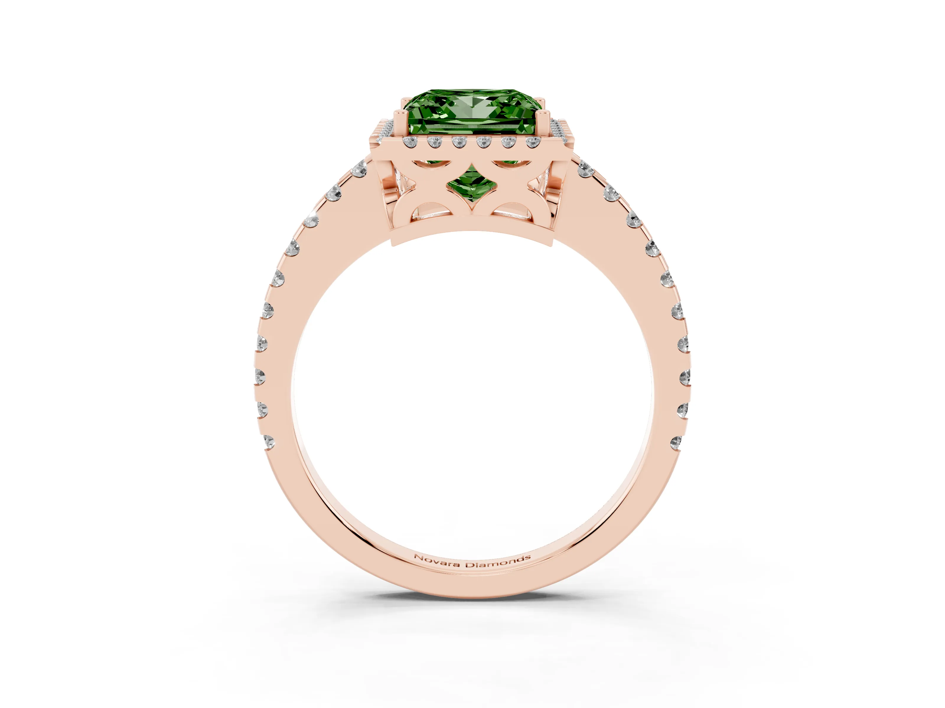 Fancy Green Princess Cut Diamond Halo Ring Set in Rose gold with Pavé Shoulders and Halo-Framed Center