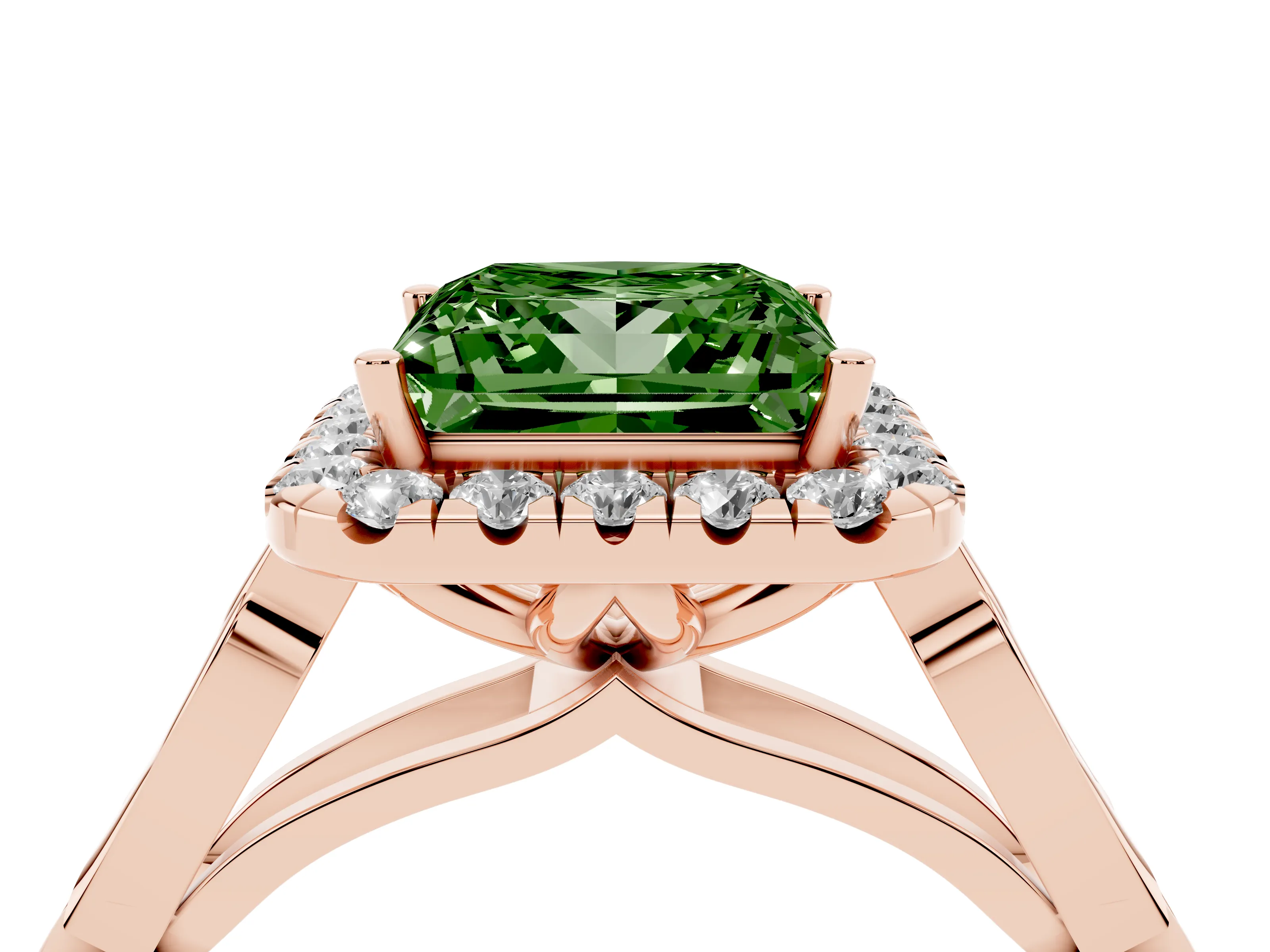 Fancy Green Princess Cut Diamond Halo Engagement Ring Set in Rose gold with Filigree Band and Prong-Set Center