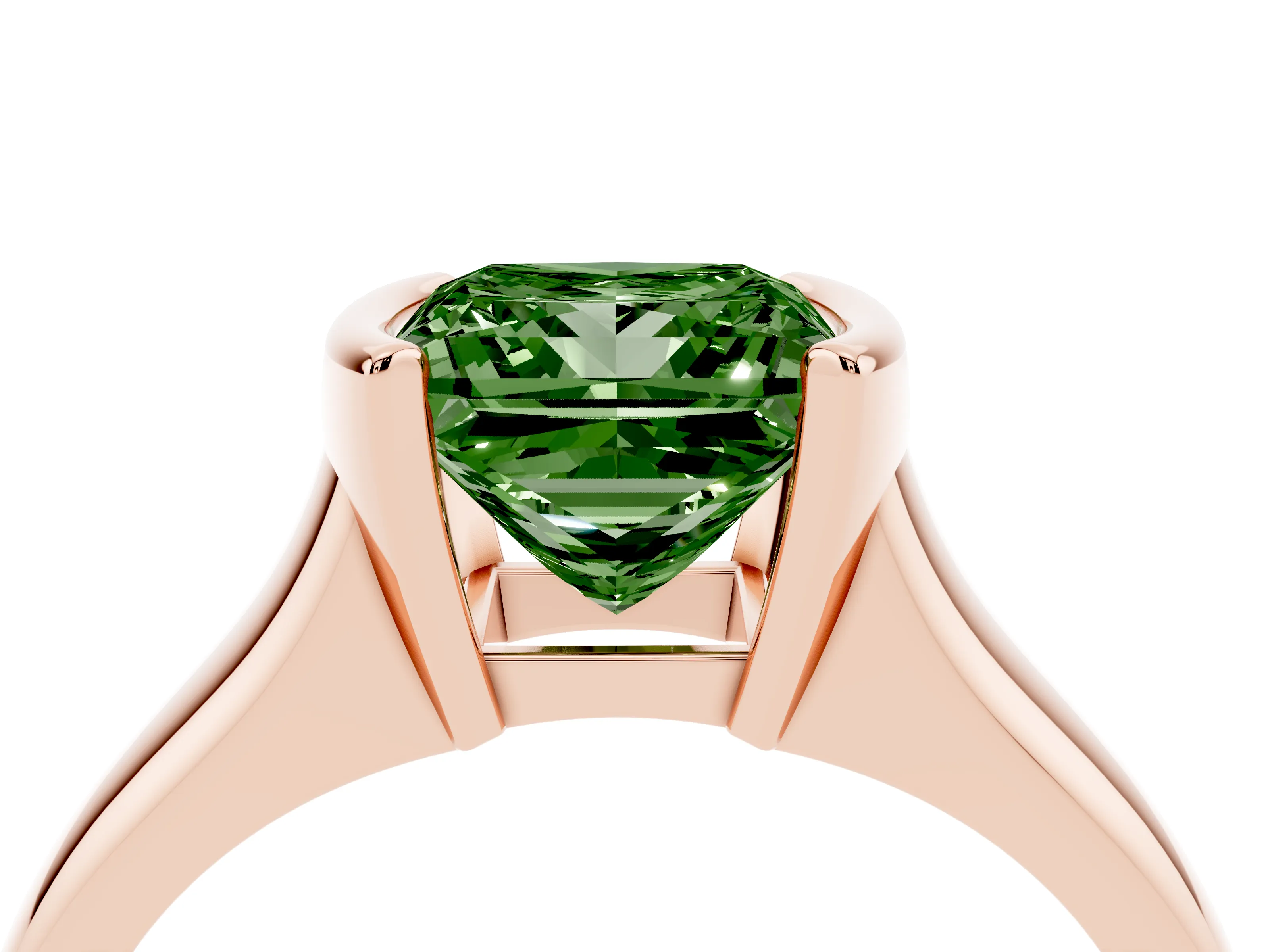 Fancy Green Princess Cut Diamond Solitaire Tension Set Ring Set in Rose gold with Split Shank Band