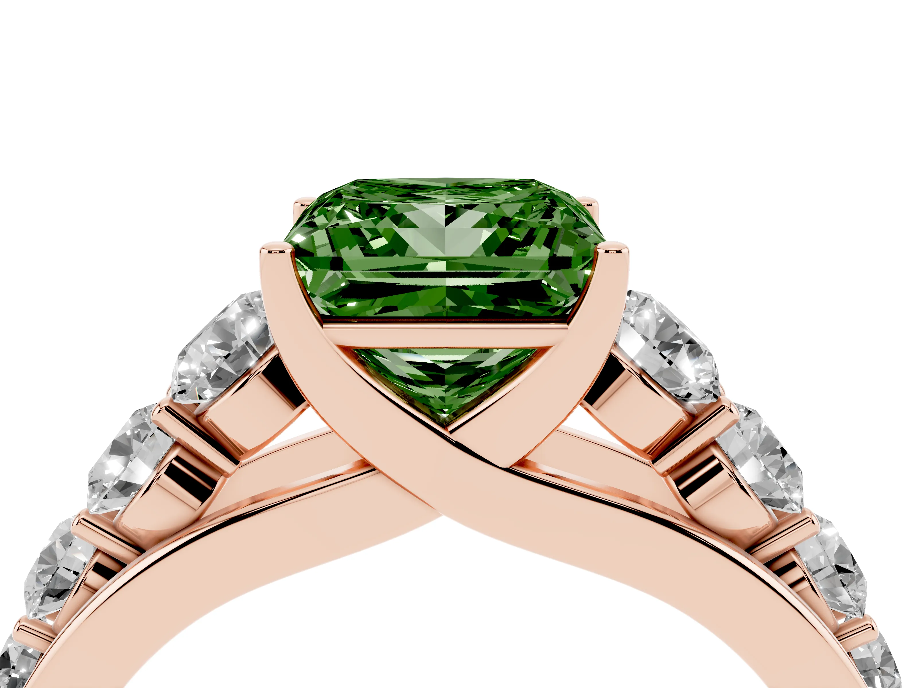 Fancy Green Princess Cut Diamond Solitaire Ring Set in Rose gold with Pavé-Set Band and Prong Setting