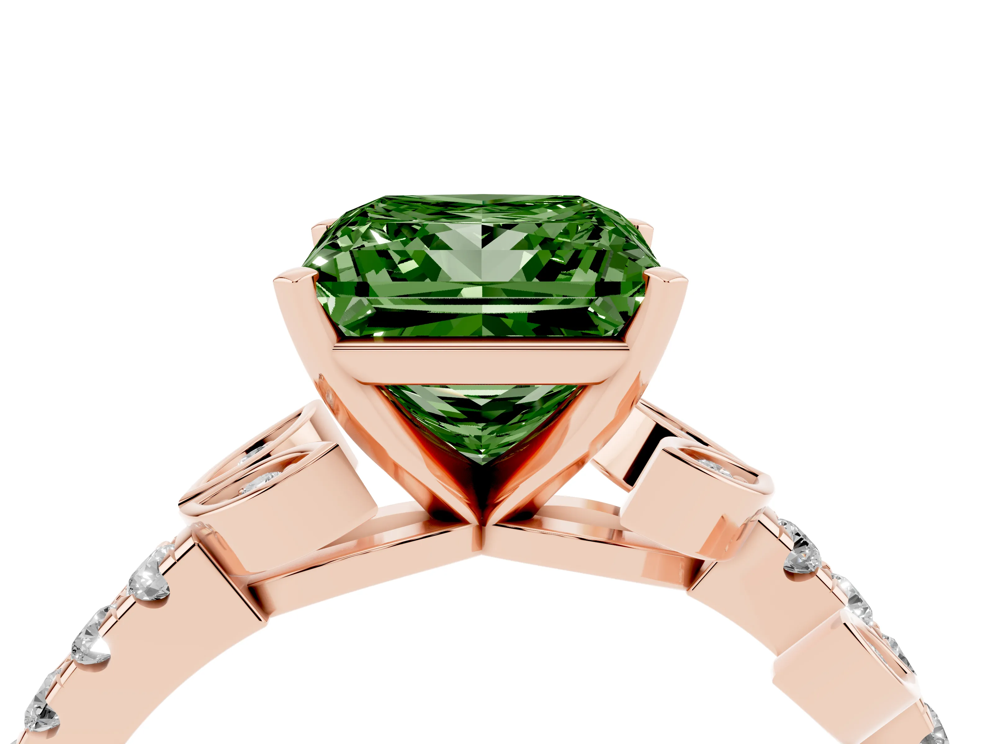 Fancy Green Princess Cut Diamond Solitaire Leaf-Inspired Ring Set in Rose gold with Pavé Band and Prong Setting
