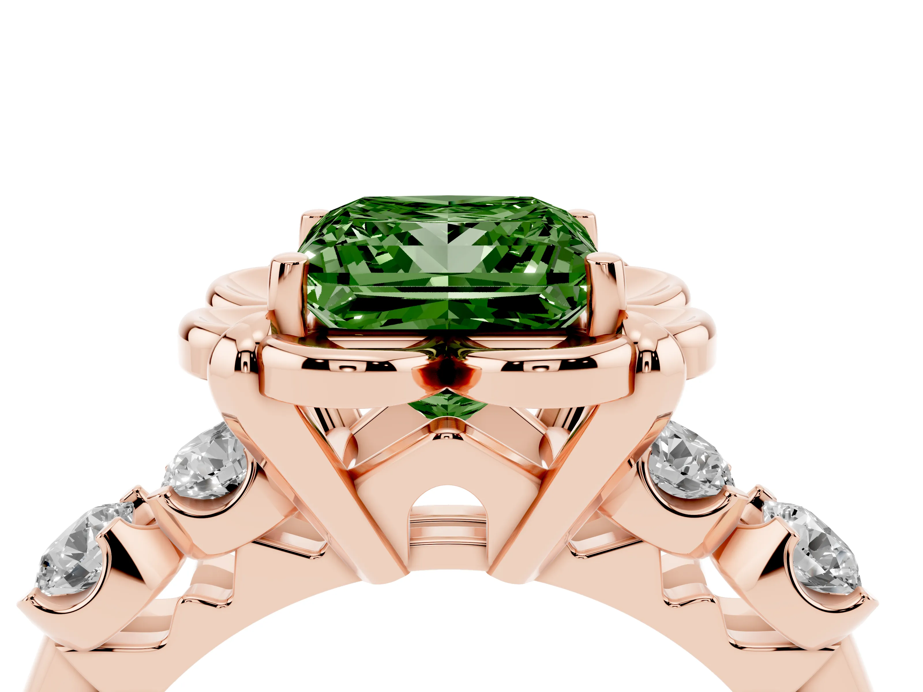 Fancy Green Princess Cut Diamond Floral Halo Ring Set in Rose gold with Shared Prong Band