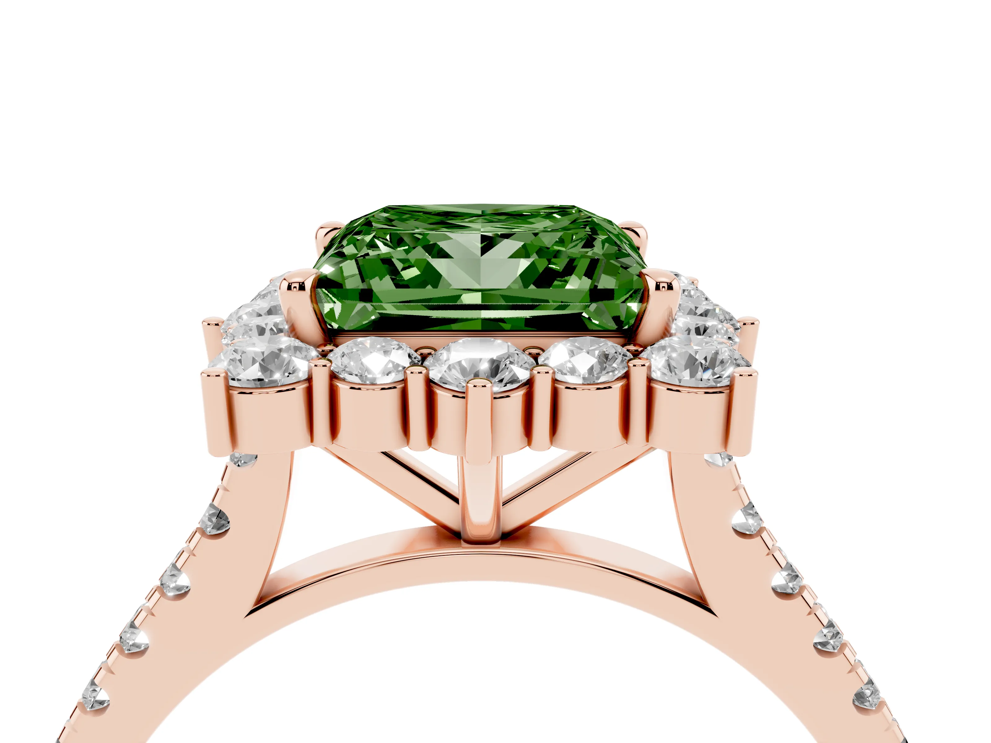 Fancy Green Princess Cut Diamond Halo Ring Set in Rose gold with Pavé Band and Prong Setting