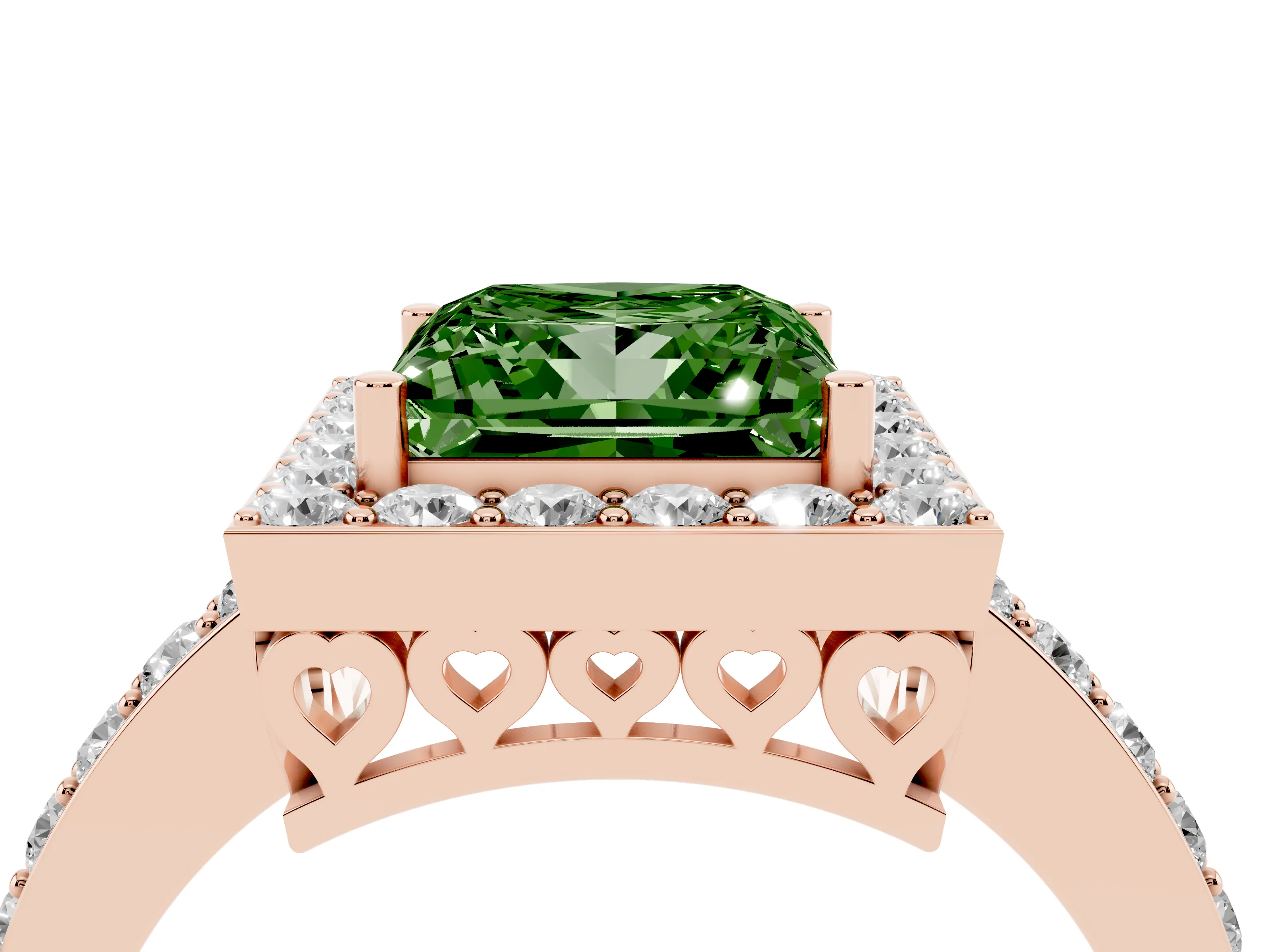 Fancy Green Princess Cut Diamond Halo Ring Set in Rose gold with Pavé-Setting Band and Open Prong Center