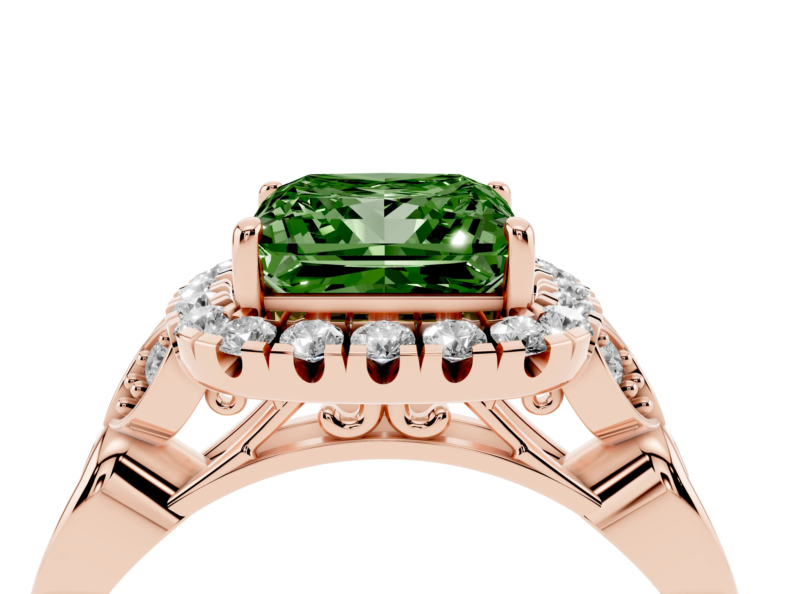 Fancy Green Princess Cut Diamond Halo Engagement Ring Set in Rose gold with Vintage-Inspired Band and Prong Setting