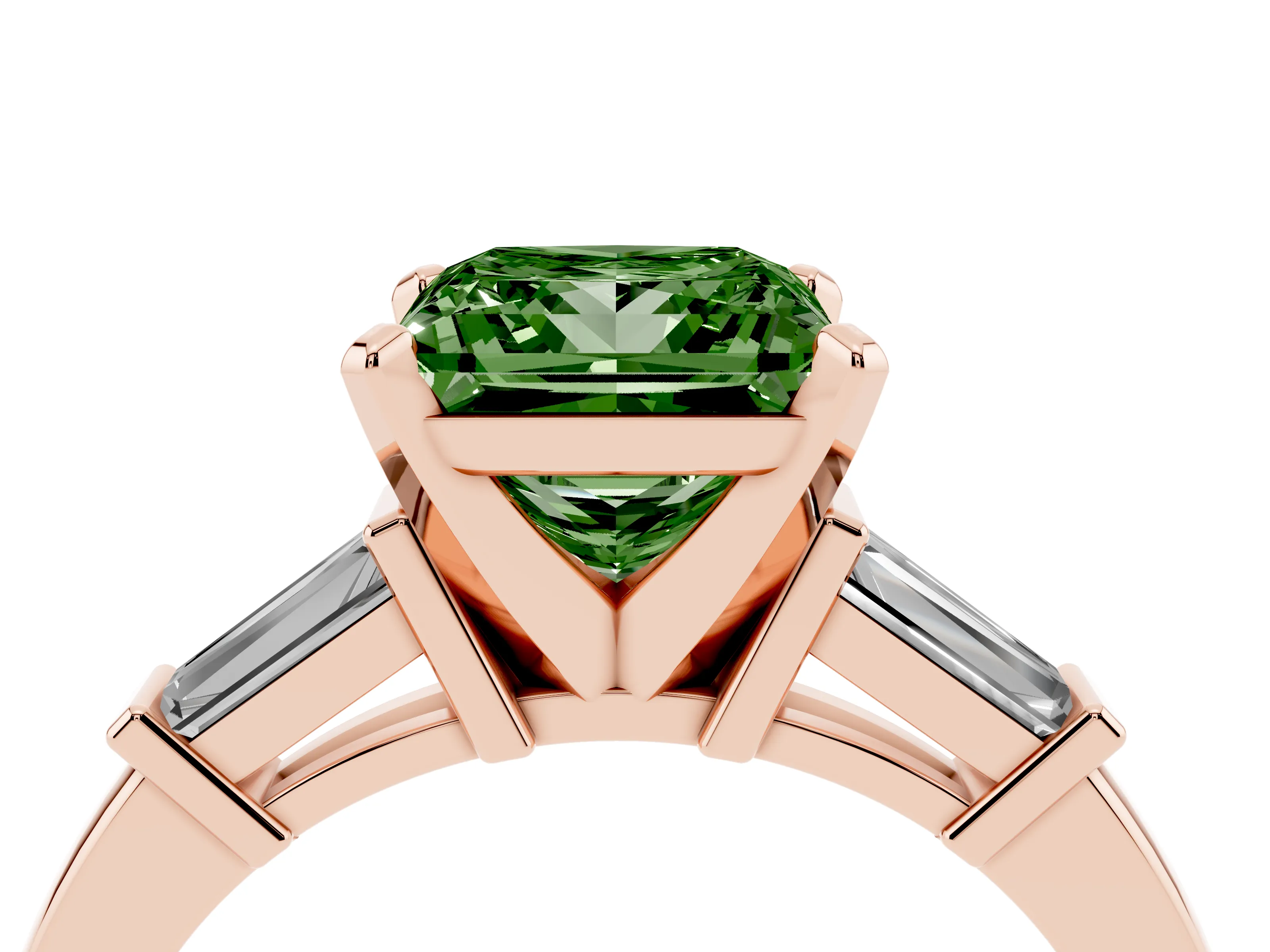 Fancy Green Princess Cut Diamond Solitaire Ring Set in Rose gold with Tapered Baguette Accents and Prong Setting